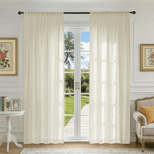 Beauoop Beige Semi Sheer Curtains 84 Inches Long for Living Room, Floral Jacquard Voile Light Filtering Privacy Curtains for Bedroom Dining Room Flower Textured Rod Pocket Window Drapes, 2 Panels