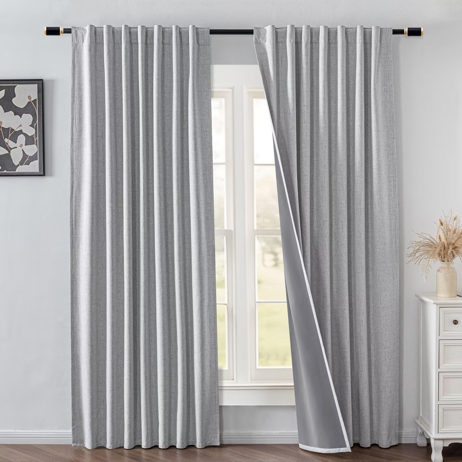 IGEMAEVE Black 100% Blackout Curtains 84 Inch Length 2 Panels Set, Black Out Curtains for Bedroom 84 Inch Long, Rod Pocket Energy Saving Room Darkening Drapes for Living Room Dining Room Window
