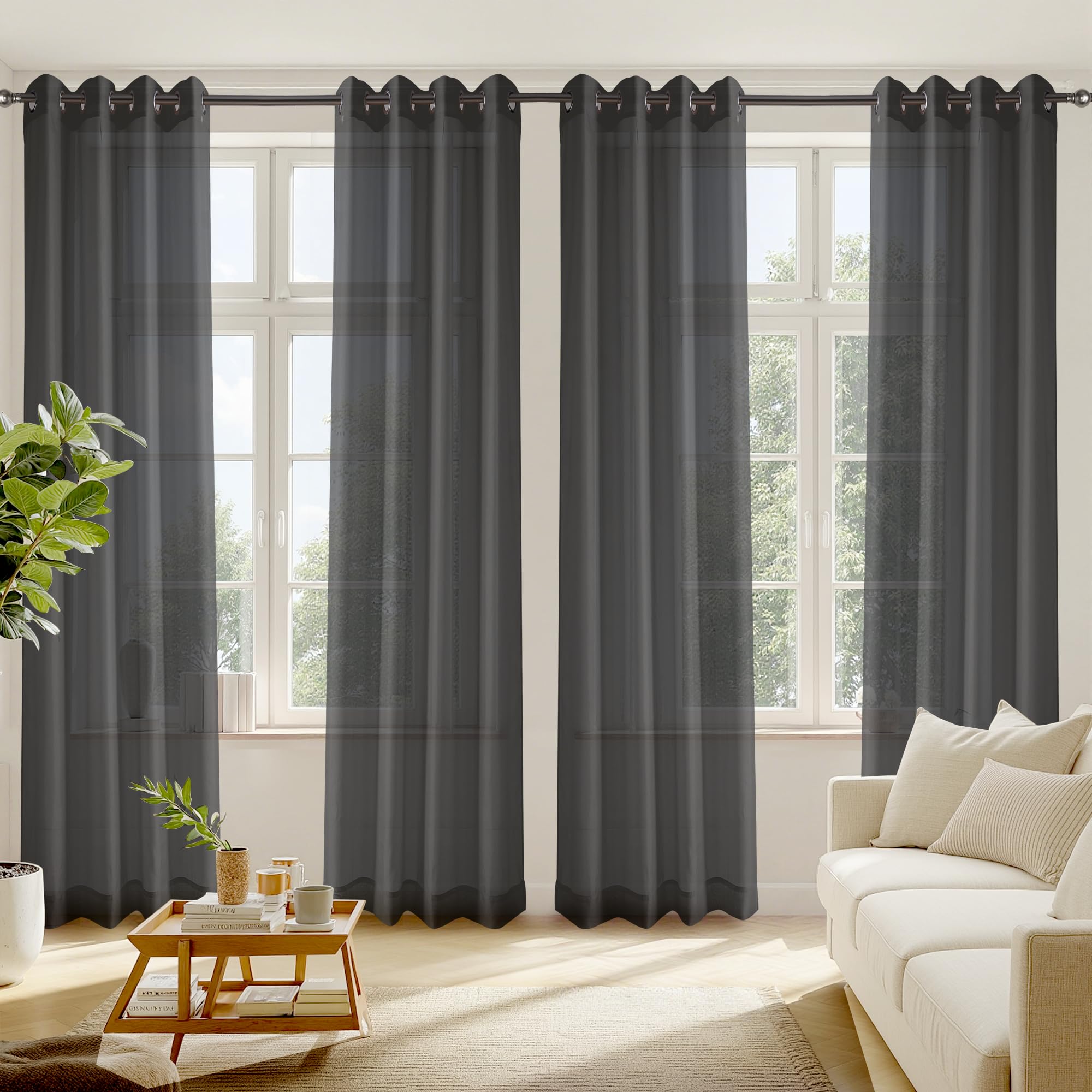 RYB HOME White Sheer Curtains 96 inches Long 4 Panels Set for Living Room, Light Filtering Voile Window Drapes with Grommet for Bedroom, W 54" x L 96"
