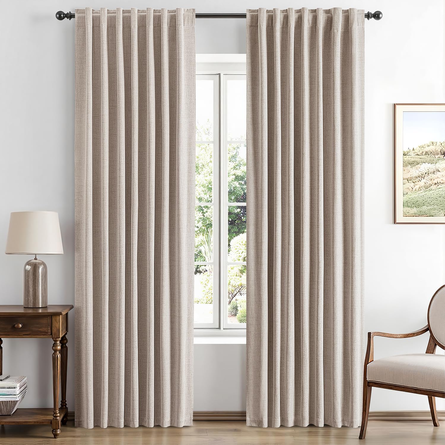MIULEE 100% Blackout Linen Curtains for Bedroom, Ivory Solid Luxury Decor Thermal Insulation Room Darkening Drapes for Living Room Nursery Back Tab Rod Pocket 42 x 84 Inches, 2 Panels