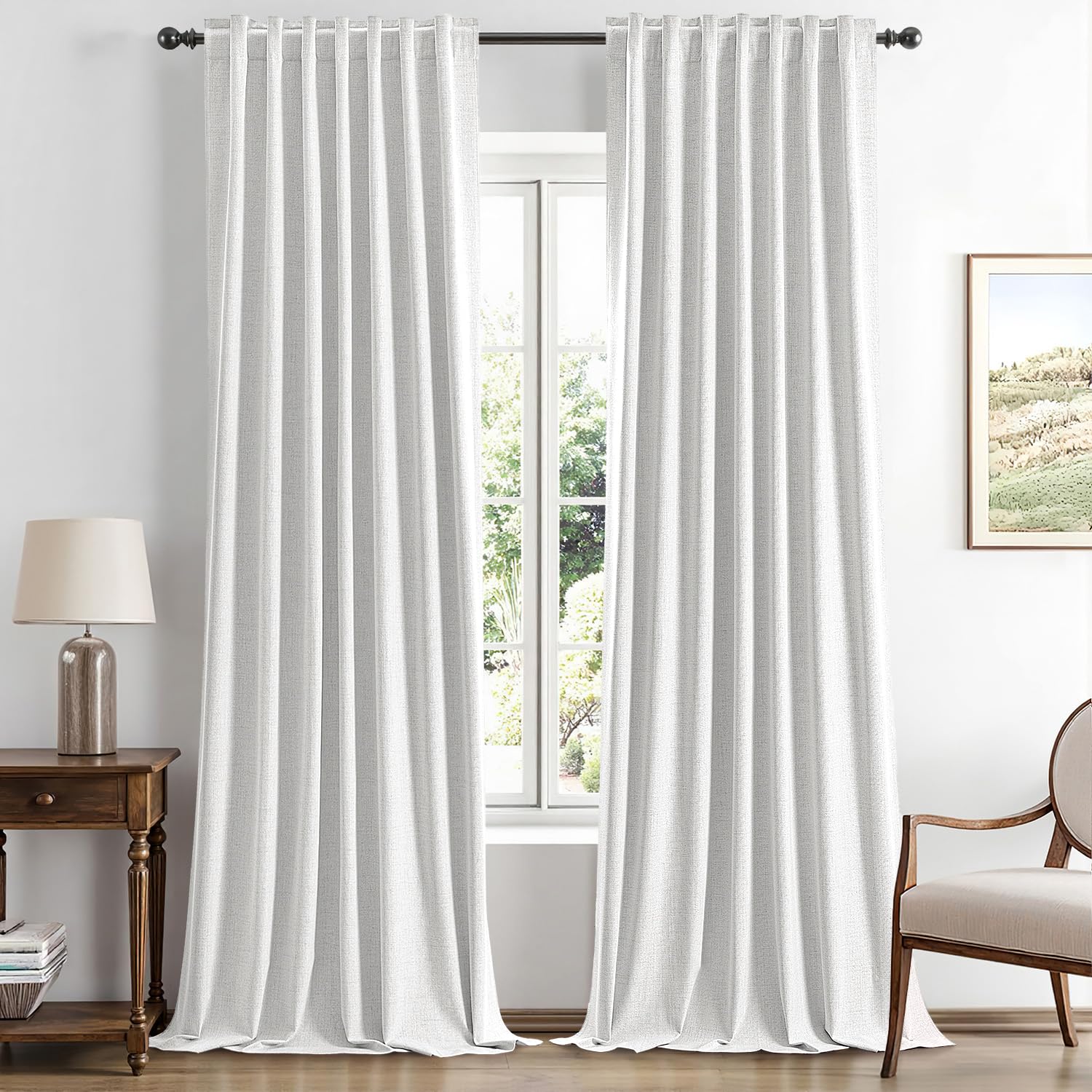 MIULEE 100% Blackout Linen Curtains for Bedroom, Ivory Solid Luxury Decor Thermal Insulation Room Darkening Drapes for Living Room Nursery Back Tab Rod Pocket 42 x 84 Inches, 2 Panels