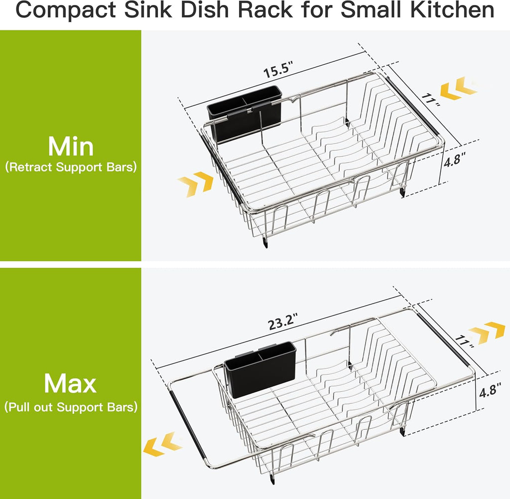 JASIWAY Dish Drying Rack in Sink, Expandable Stainless Steel Dish Drainers for Kitchen Counter, Dish Dryer Rack for Inside Sink, Over The Sink Dish Racks with Utensil Holder, Silver
