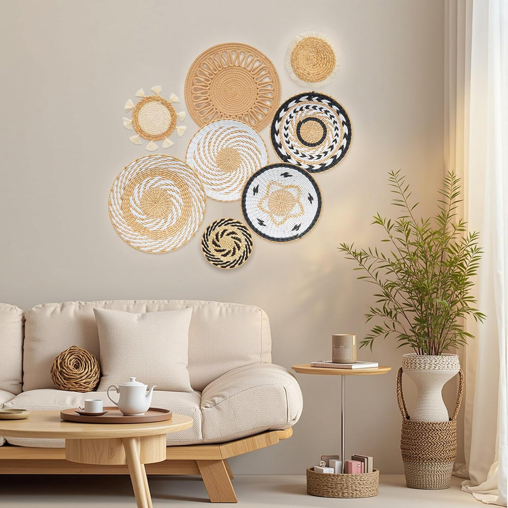 8 Pack Boho Wall Decor, 12 Inch Wall Basket Decor Round Handmade Hanging, Rattan Woven Wall Basket Decor for Living room, Rustic Flat Elegant, Farmhouse, Bedrooms, Table Settings, Kitchen Home