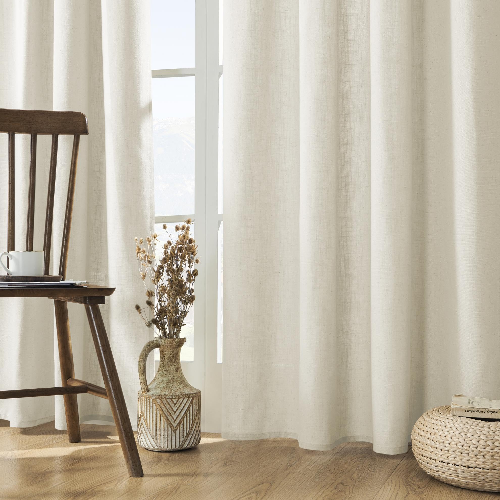 Joydeco Curtains, 108 Inches Long, 2 Panels Set, Farmhouse Drapes for Living Room, Semi-Blackout, Linen-Polyester, Ivory on Linen, Rod Pocket