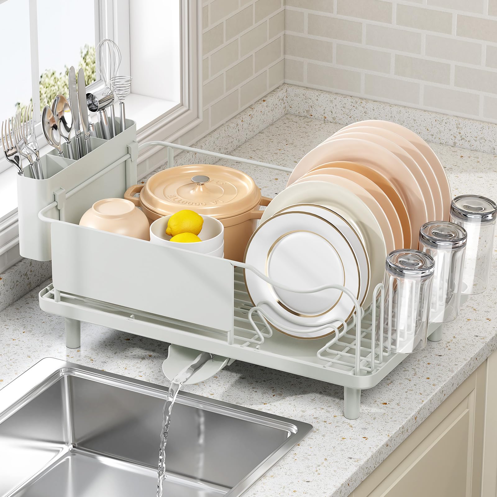 Dish Drying Rack Large Capacity - Stainless Steel Dish Rack for Kitchen Counter with Drain Board, Rustproof Dish Drainer with Auto Drain Spout Utensil Holder Glass Holder, Dinnerware Organizer, Gray