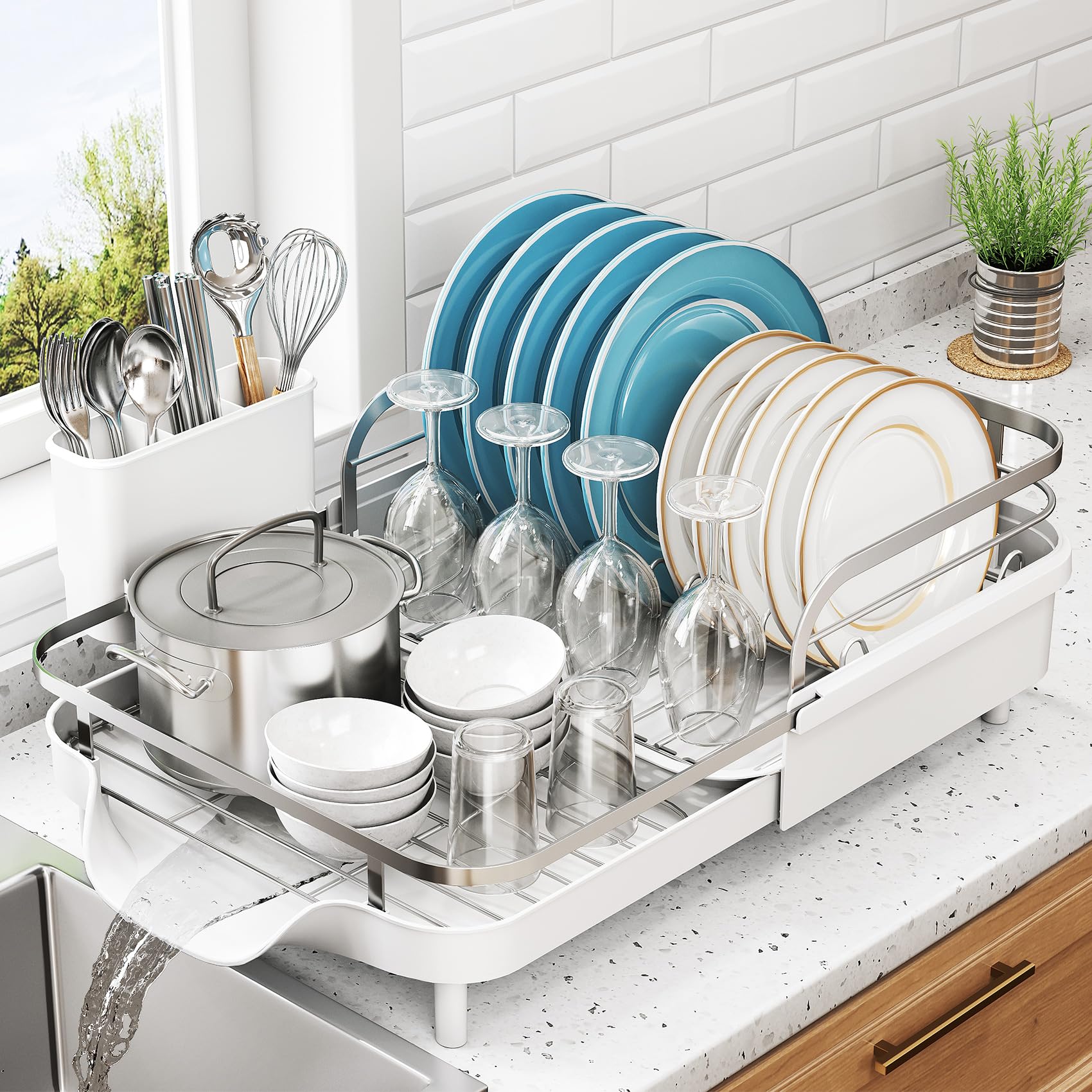 SNTD Dish Drying Rack, Expandable Dish Rack for Kitchen Counter, Stainless Steel Dish Drainer with Drainboard Set and Utensil Holder (Black)