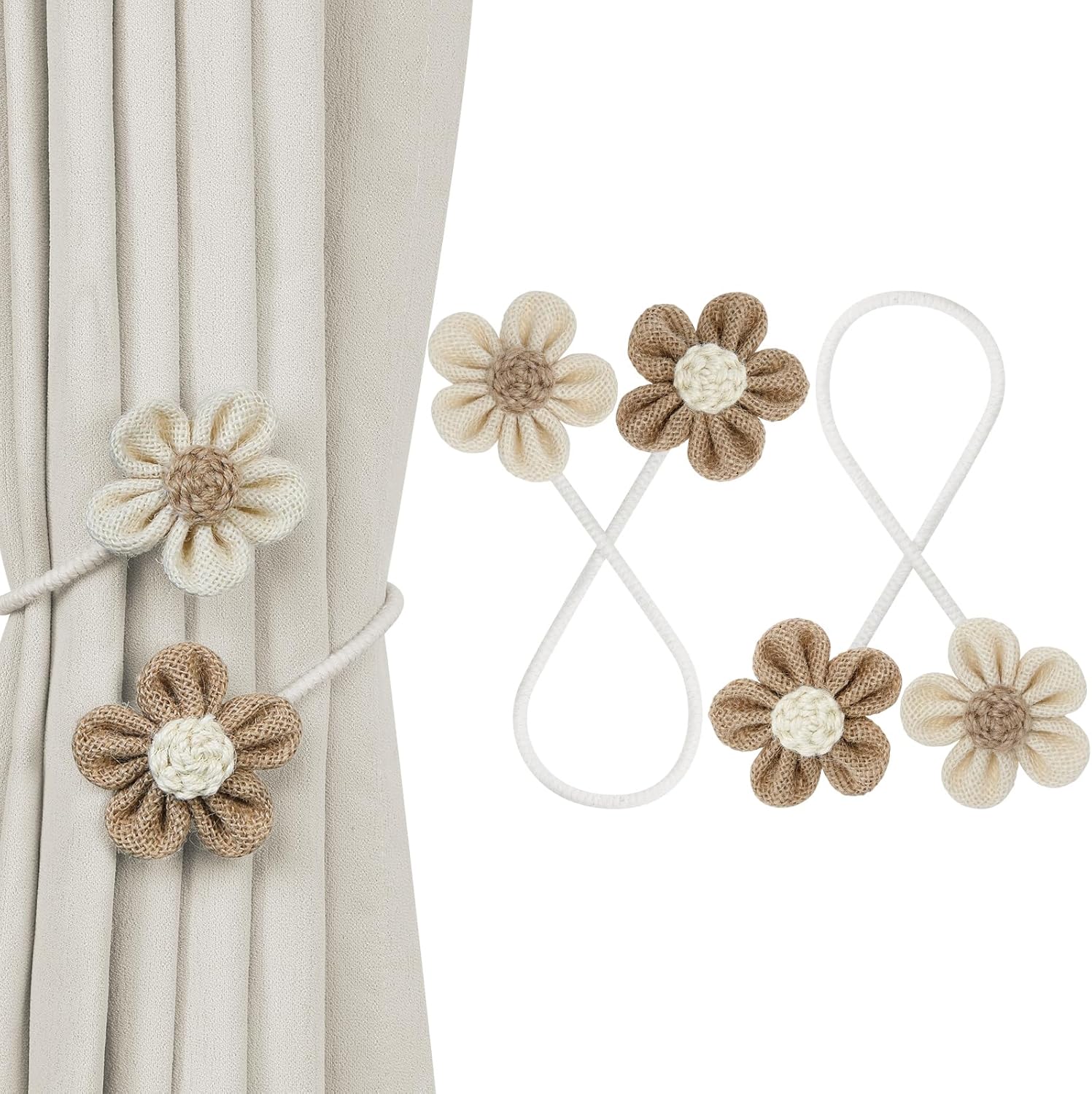 KLOGTSIND Flower Curtain Tiebacks, 2 Pack Boho Curtain Ties Elegant DIY Curtain Holdbacks, Decorative Window Drape Twist Tie Backs for Bedroom Decor, Nursery Decor, Farmhouse Decor