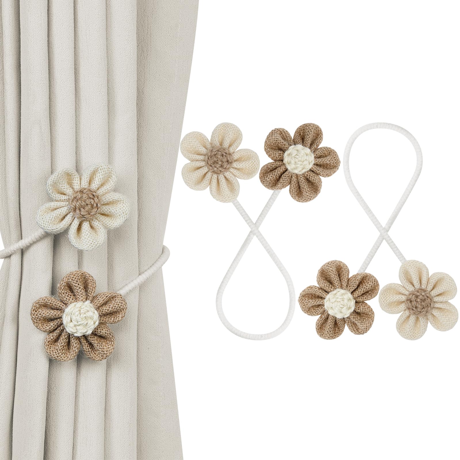 KLOGTSIND Flower Curtain Tiebacks, 2 Pack Boho Curtain Ties Elegant DIY Curtain Holdbacks, Decorative Window Drape Twist Tie Backs for Bedroom Decor, Nursery Decor, Farmhouse Decor