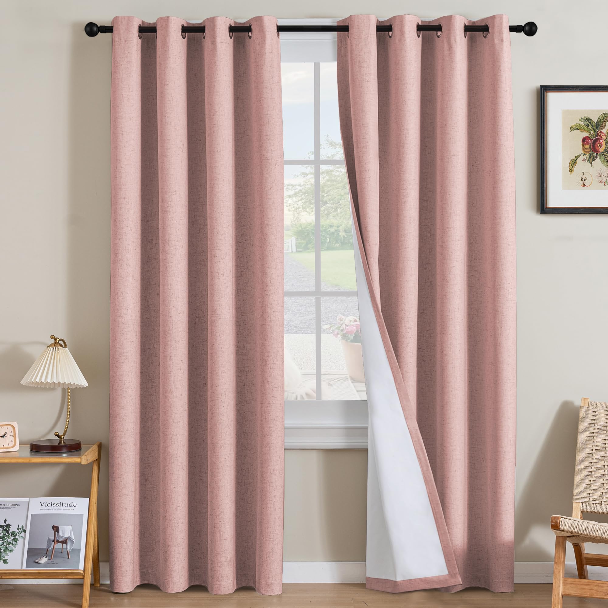 H.VERSAILTEX 100% Blackout Curtains Ivory, Linen Blackout Curtains 96 inch Curtains 2 Panel Set, Elegant Curtain for Bedroom Grommet Drapes for Living Room