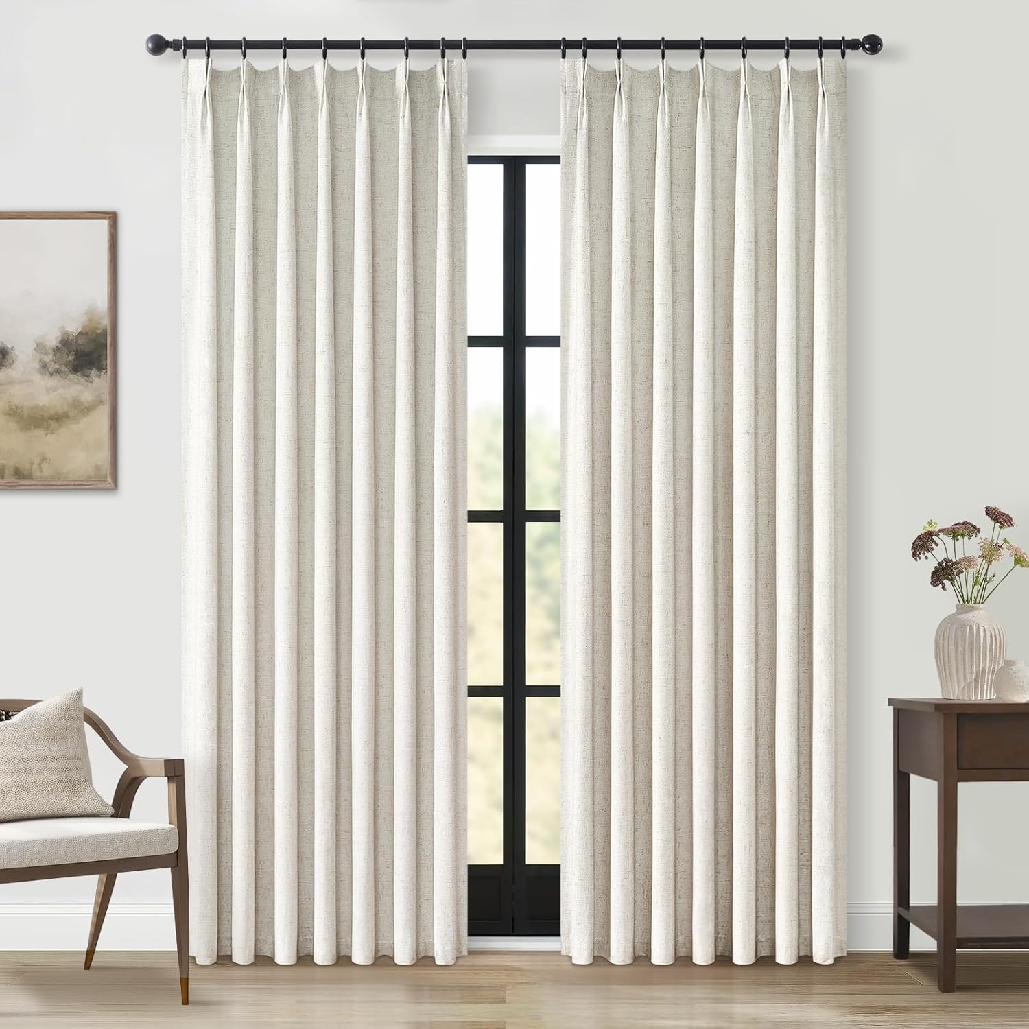 Topfinel Pinch Pleated Curtains 96 Inch Long, 100% Blackout Thermal Insulated Natural Linen Pinch Pleat Viral Drapes with Hooks Rings 2 Panel Sets, Neutral Beige Ivory 8FT Back Tab Window Curtains