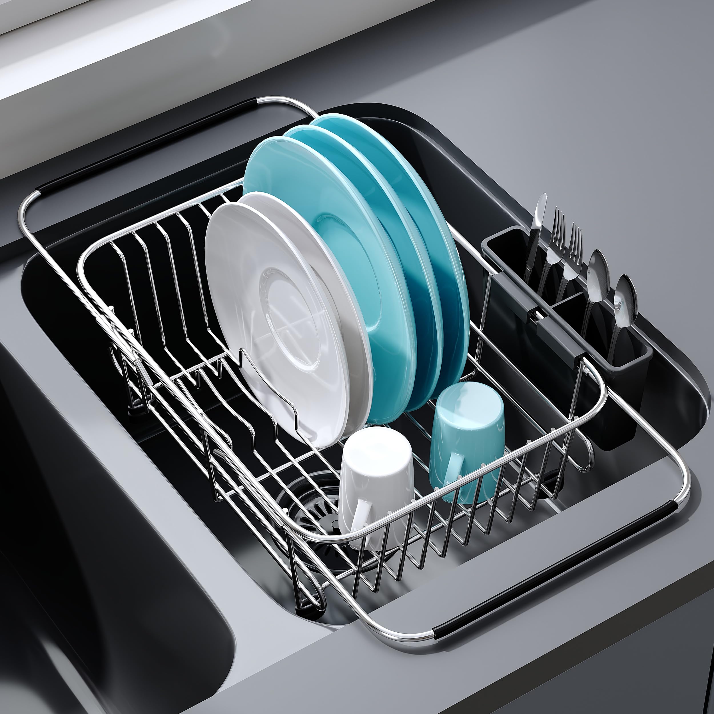 JASIWAY Dish Drying Rack in Sink, Expandable Stainless Steel Dish Drainers for Kitchen Counter, Dish Dryer Rack for Inside Sink, Over The Sink Dish Racks with Utensil Holder, Silver