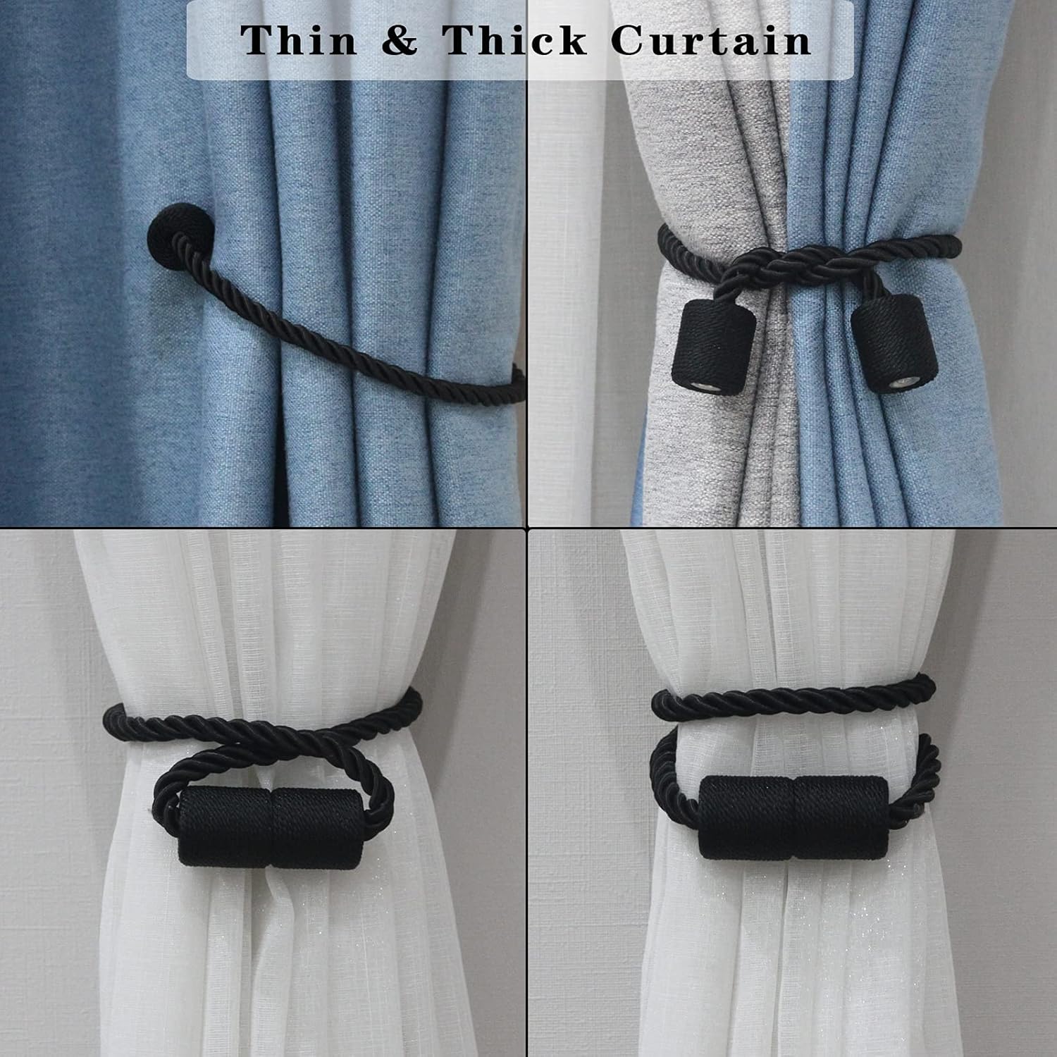 2 Pack Black Magnetic Rope Curtain Tiebacks