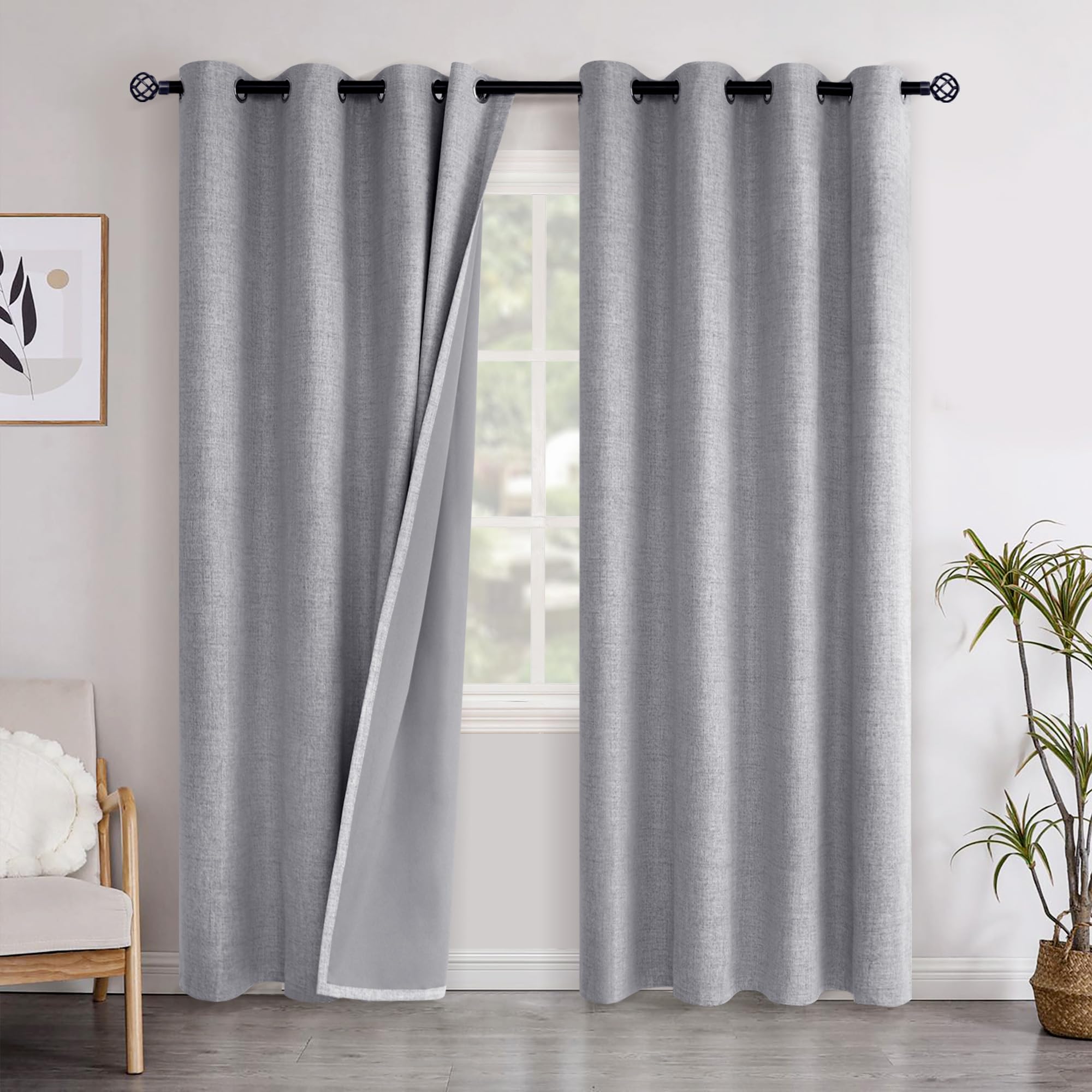 YoungsTex Linen Blackout Curtains 63 Inch Length for Bedroom, Room Darkening Window Drapes with Grommet Thermal Insulated Black Out Blinds for Living Room, 2 Panels, 52 X 63 Inch, Beige