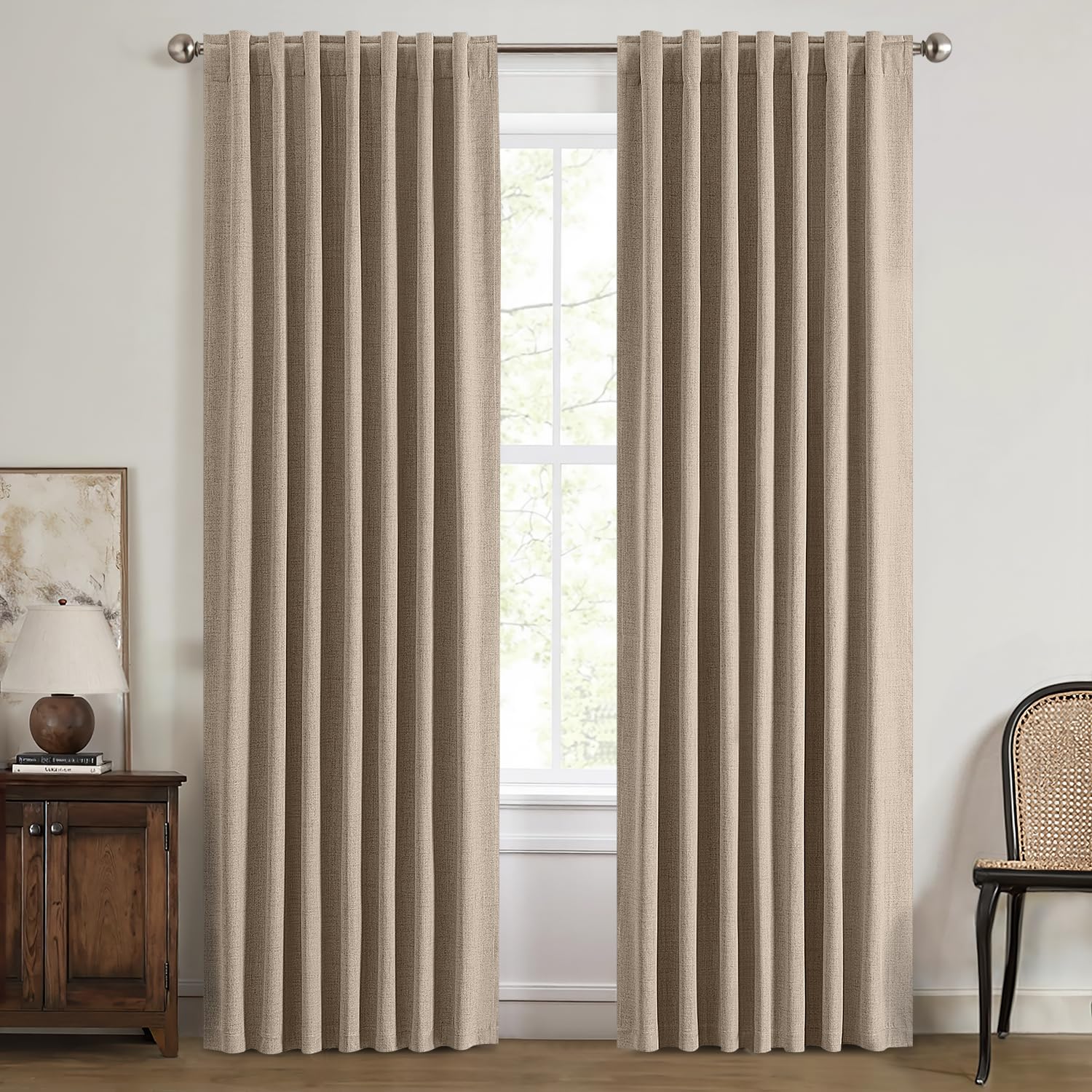 MIULEE 100% Blackout Linen Curtains for Bedroom, Ivory Solid Luxury Decor Thermal Insulation Room Darkening Drapes for Living Room Nursery Back Tab Rod Pocket 42 x 84 Inches, 2 Panels
