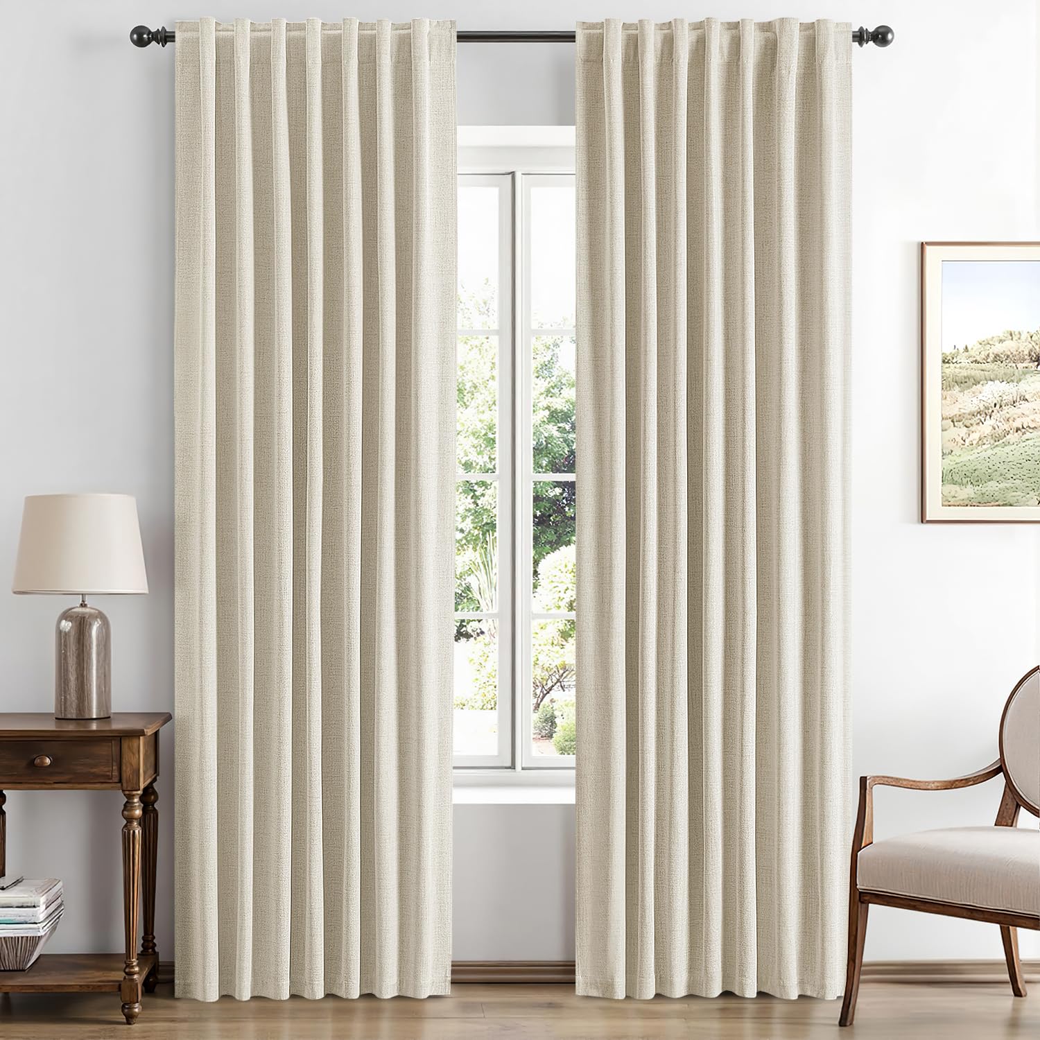 MIULEE 100% Blackout Linen Curtains for Bedroom, Ivory Solid Luxury Decor Thermal Insulation Room Darkening Drapes for Living Room Nursery Back Tab Rod Pocket 42 x 84 Inches, 2 Panels