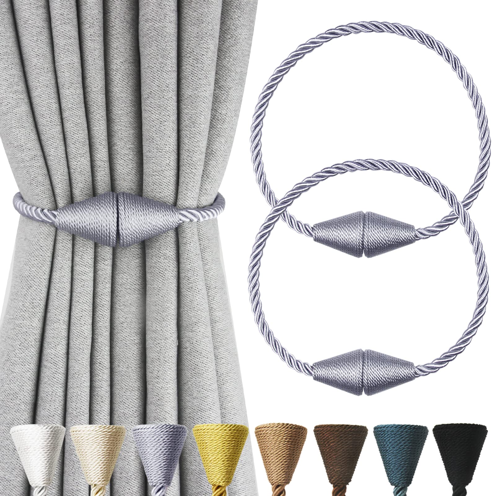 2 Pack Magnetic Curtain Tiebacks Rope Modern Handmade Curtain Tie Backs Decorative Drapes Weave Holdbacks for Window Décor, Khaki
