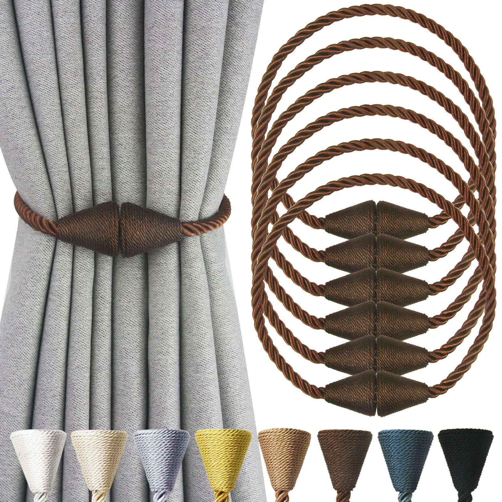 2 Pack Magnetic Curtain Tiebacks Rope Modern Handmade Curtain Tie Backs Decorative Drapes Weave Holdbacks for Window Décor, Khaki