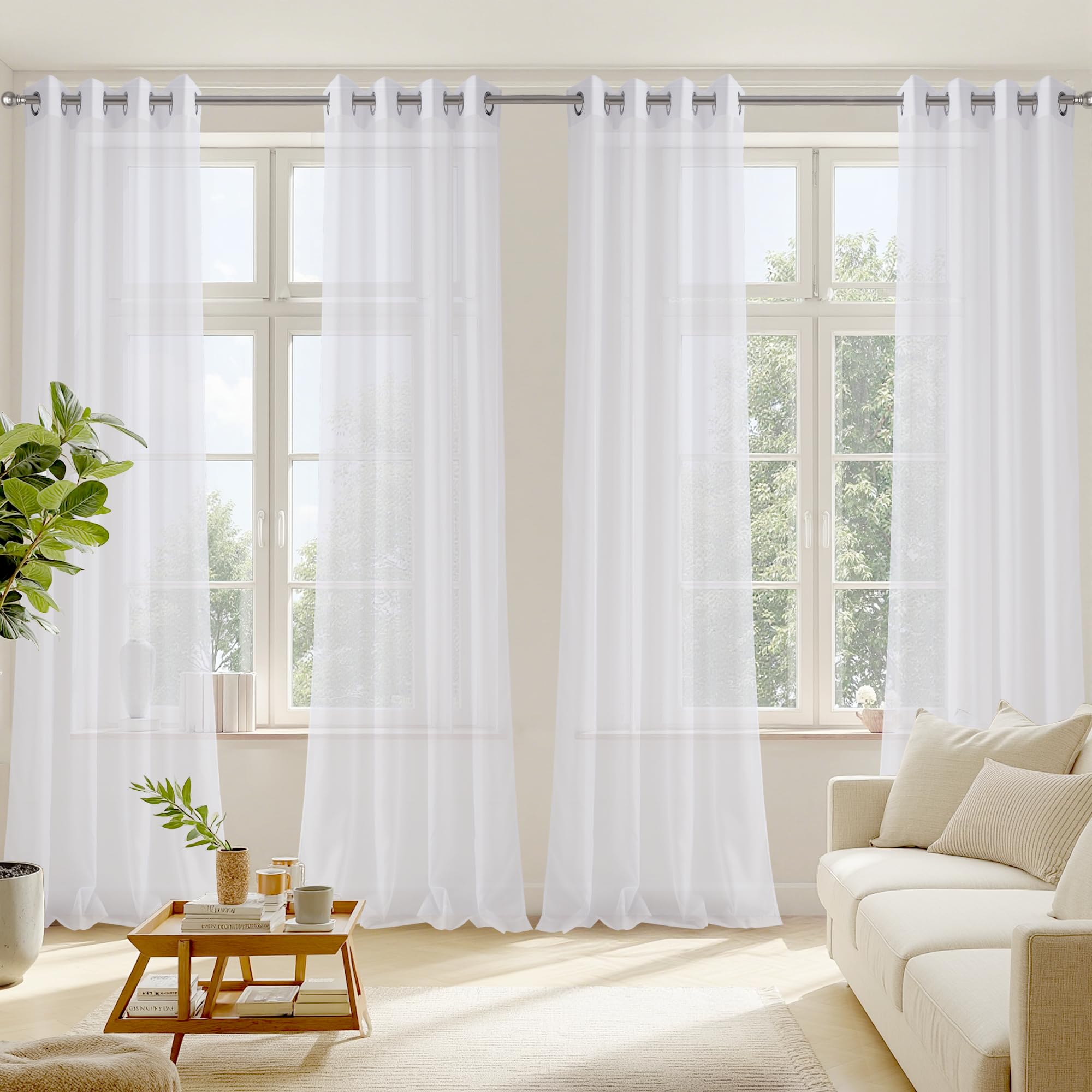 RYB HOME White Sheer Curtains 96 inches Long 4 Panels Set for Living Room, Light Filtering Voile Window Drapes with Grommet for Bedroom, W 54" x L 96"