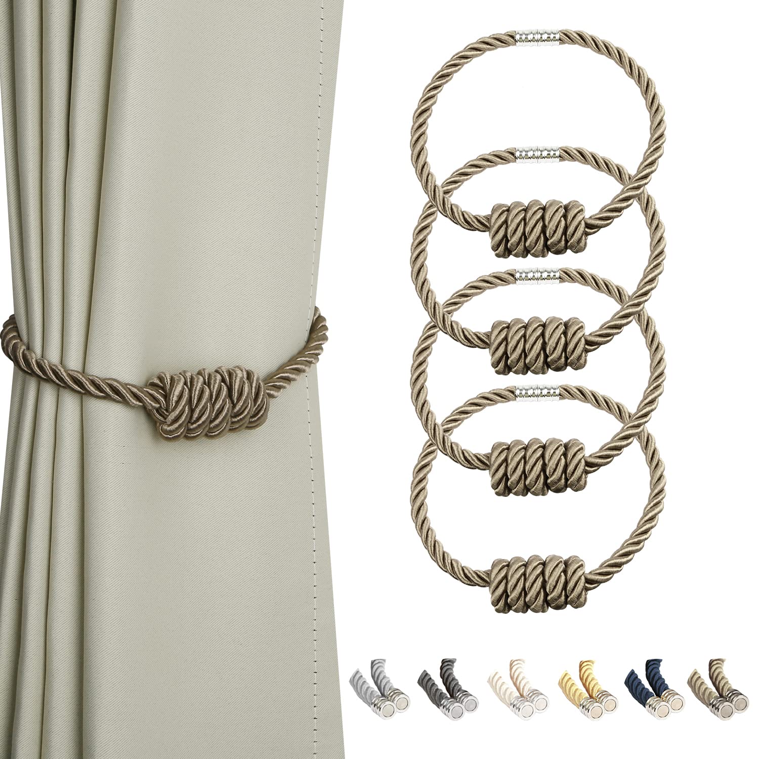 BEL AVENIR Magnetic Jute Curtain Tiebacks, Decorative Drapery Holdbacks Bohemian Style Woven Tie-Backs with Exquisite Knot (Jute, 2 Pack)
