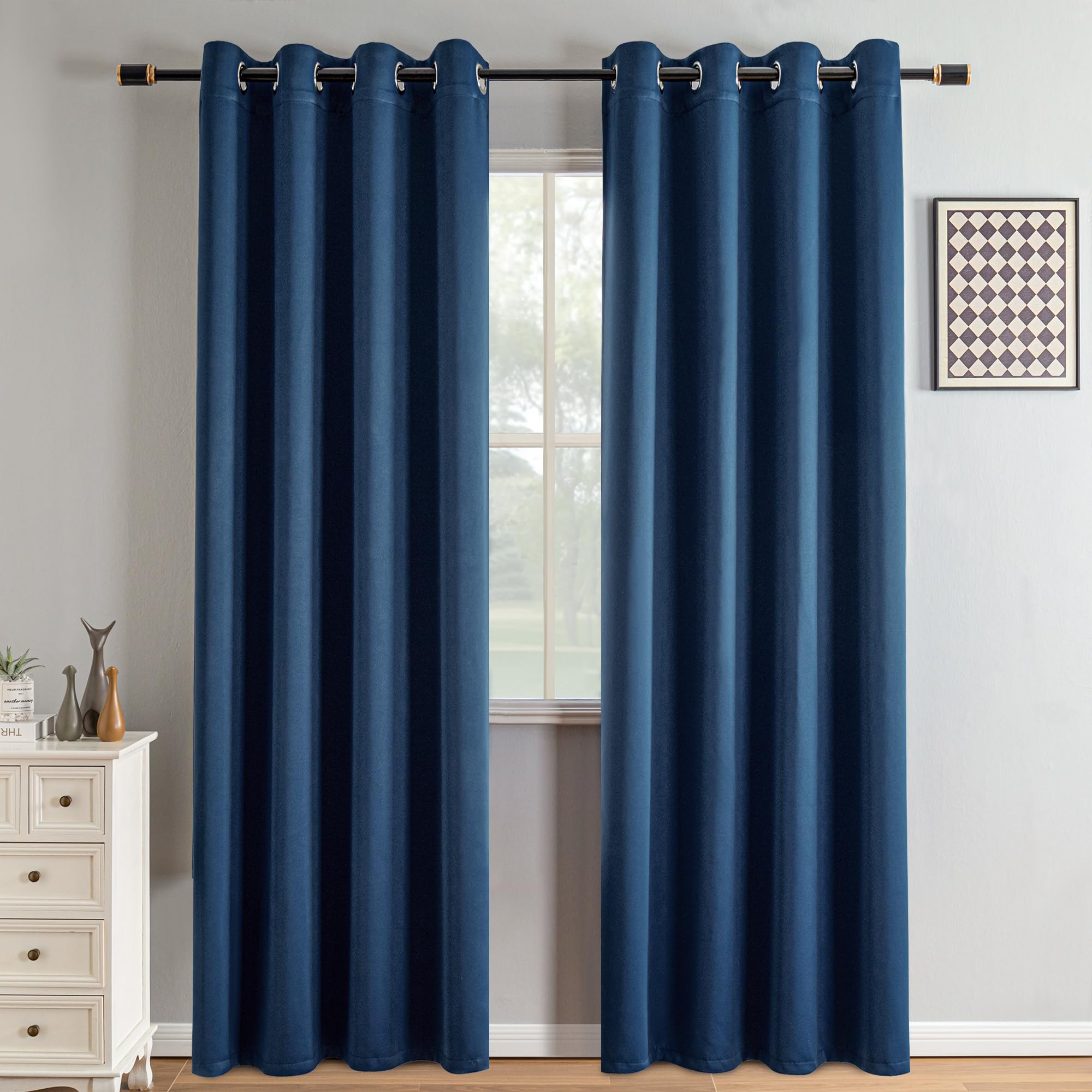 IGEMAEVE Black 100% Blackout Curtains 84 Inch Length 2 Panels Set, Black Out Curtains for Bedroom 84 Inch Long, Rod Pocket Energy Saving Room Darkening Drapes for Living Room Dining Room Window