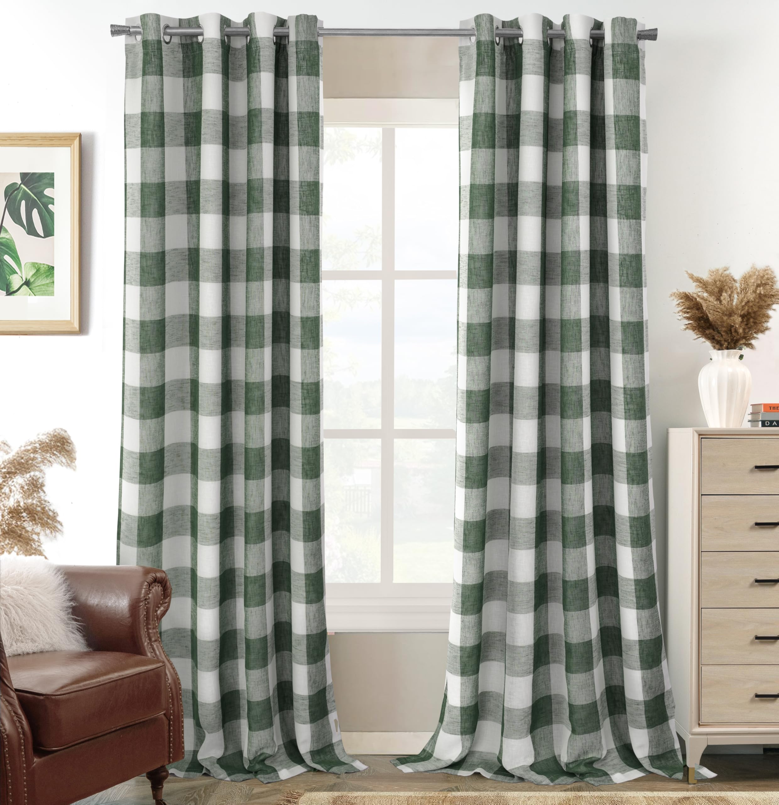 DriftAway Buffalo Plaid Blackout Curtains Linen Textured Farmhouse Double Layer Thermal Insulated Yarn Dyed Woven Checkered Gingham Grommet Drapes for Living Room 2 Panels Each 52W x 84L Taupe