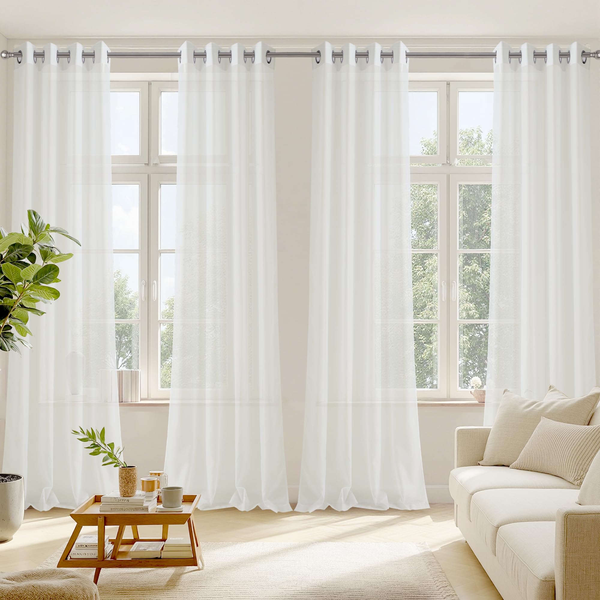RYB HOME White Sheer Curtains 96 inches Long 4 Panels Set for Living Room, Light Filtering Voile Window Drapes with Grommet for Bedroom, W 54" x L 96"
