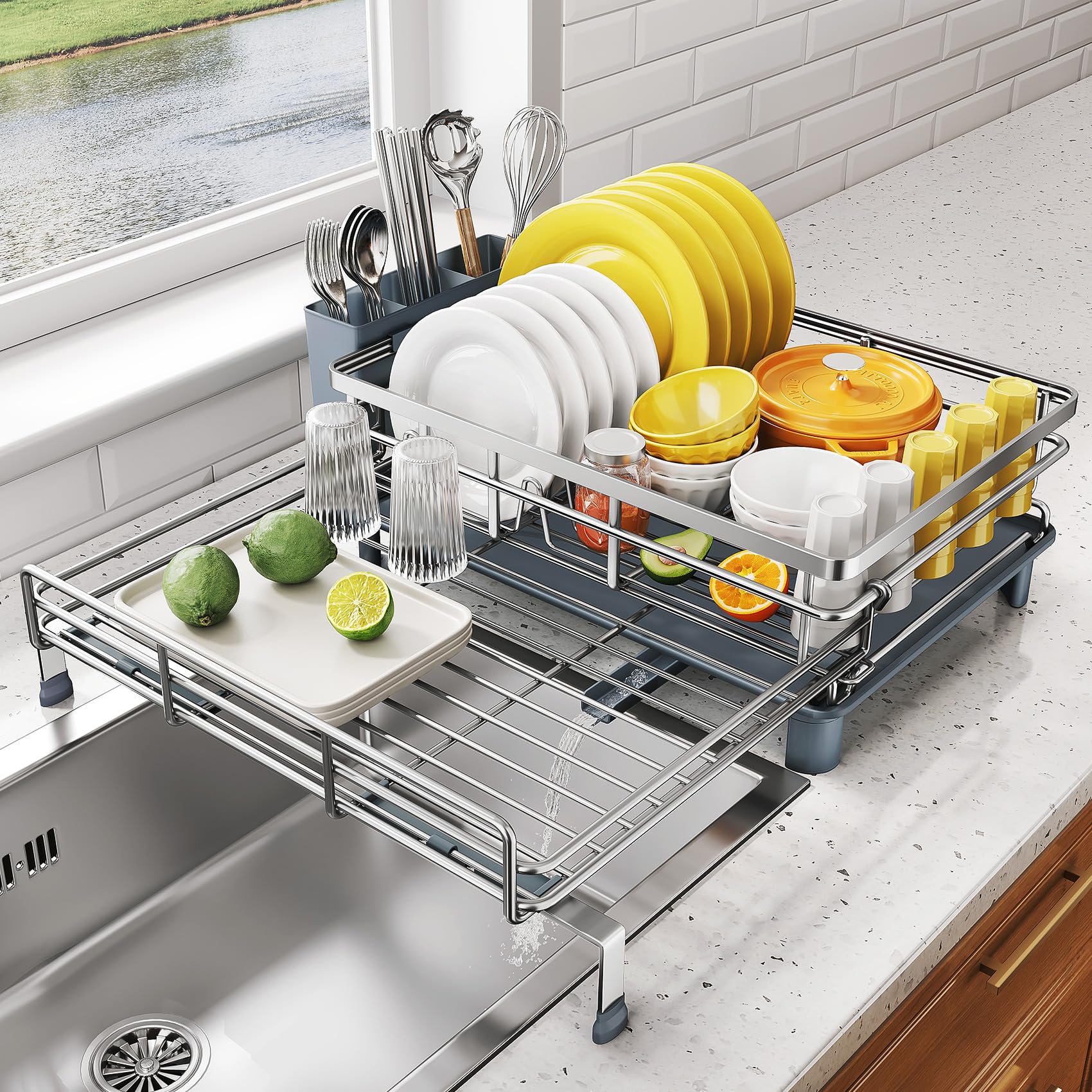 SNTD Dish Drying Rack - Extendable Dish Rack, Large Sink Drying Dish Drainer for Kitchen Counter, Stainless Steel Dish Strainer with Utensil Holder (Black)