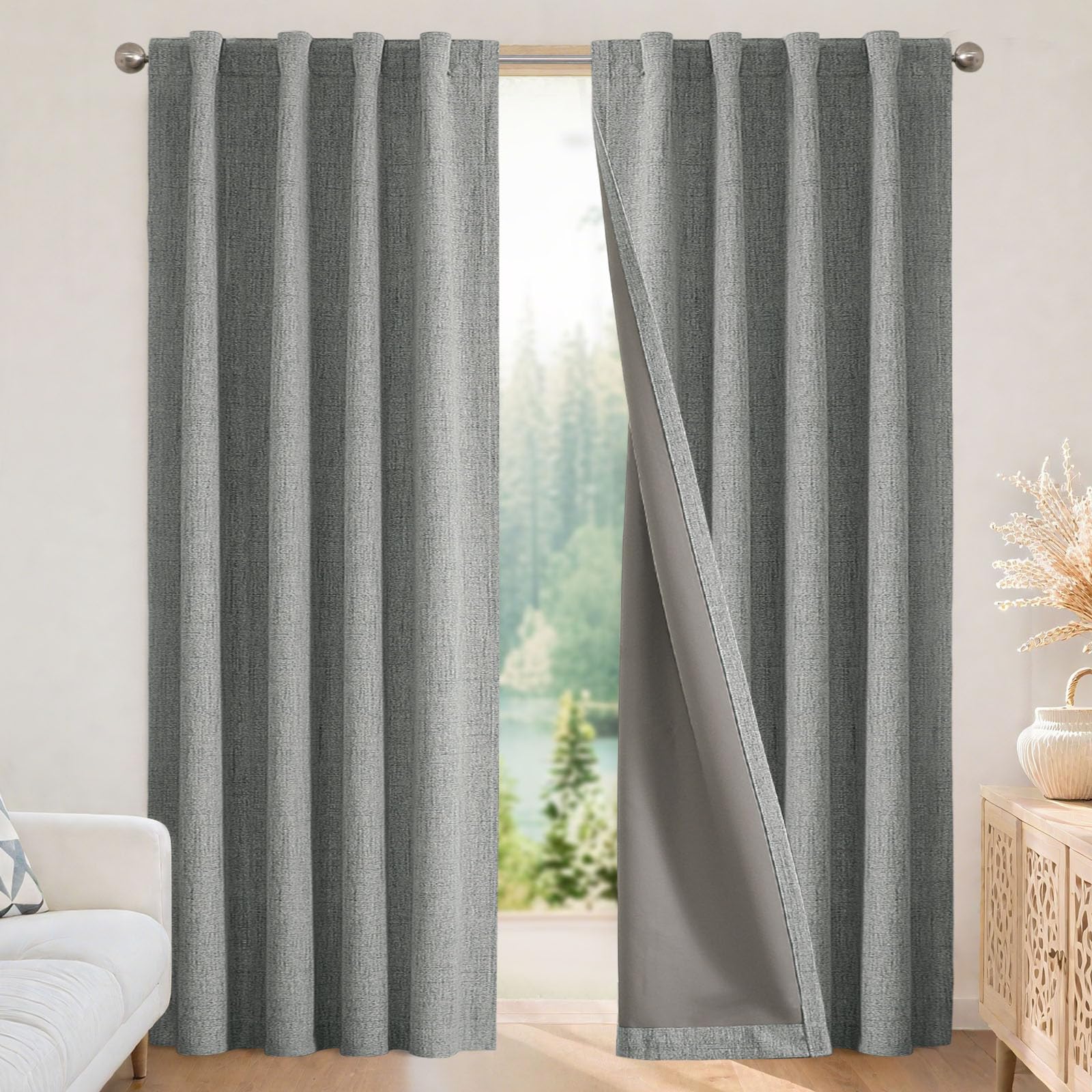 Joydeco Blackout Curtains for Bedroom - Nature Linen 84 Inch Long 100% Light Blocking 2 Panels Set, Rod Pocket & Back Tabs Living Room Drapes, Thermal Insulated Room Darkening Window Curtains