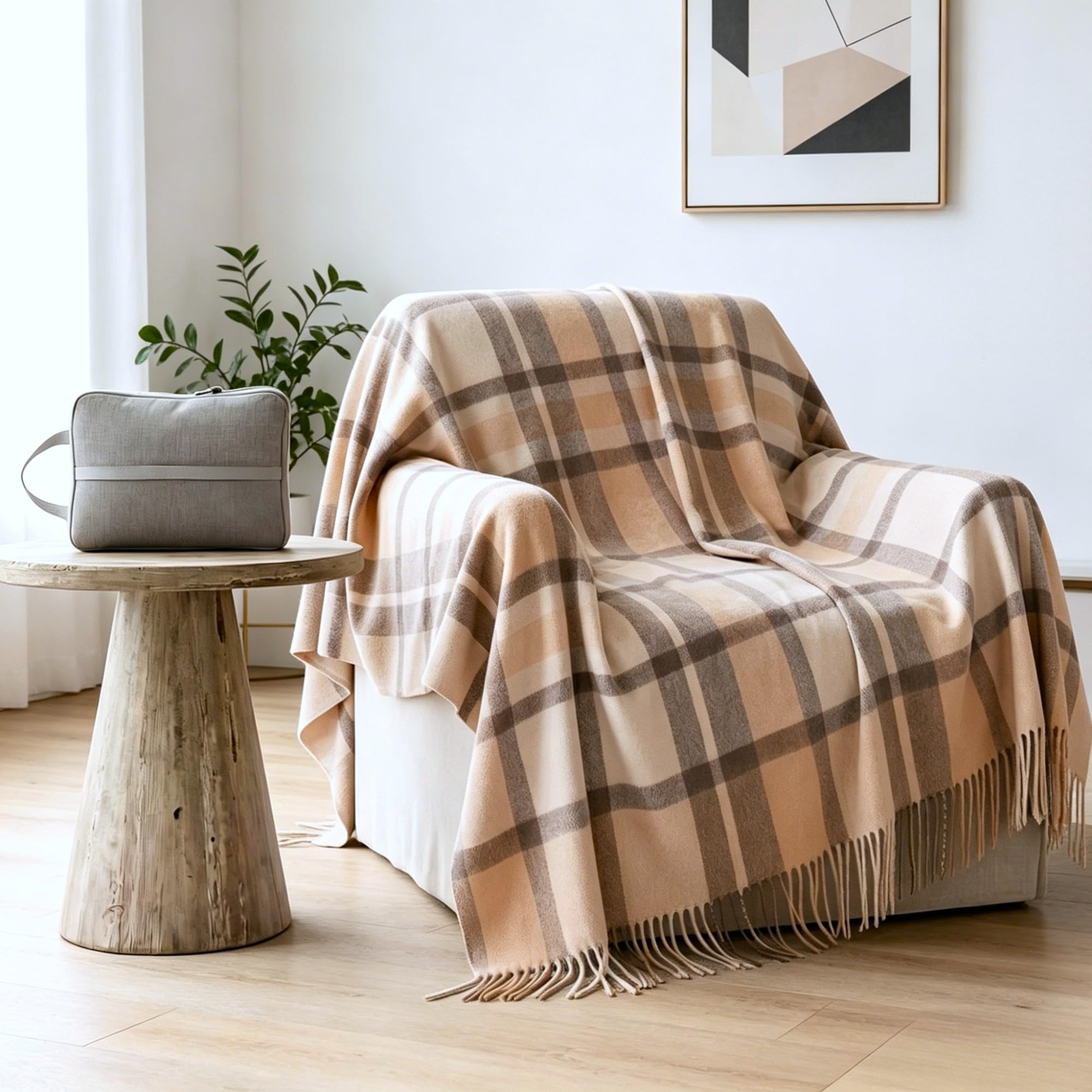 Soft Pure Wool Throw Blanket, Lightweight Warmth, 55"x83", Plaid, Fringe, Compact with Bag, Useful Gift for Women Men, All Season Decorative Cozy Travel Blanket for Couch Bed, Outdoors