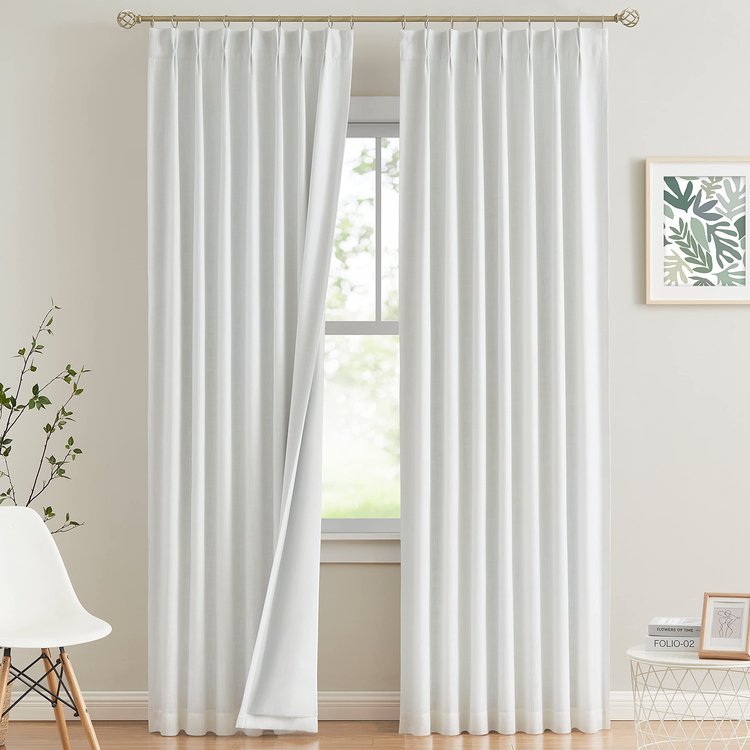 Vision Home Natural Pinch Pleated Full Blackout Curtains Linen Blended Room Darkening Window Curtains 90 inch for Living Room Bedroom Thermal Insulated Pinch Pleat Drapes with Hooks 2 Panel 40"Wx90"L