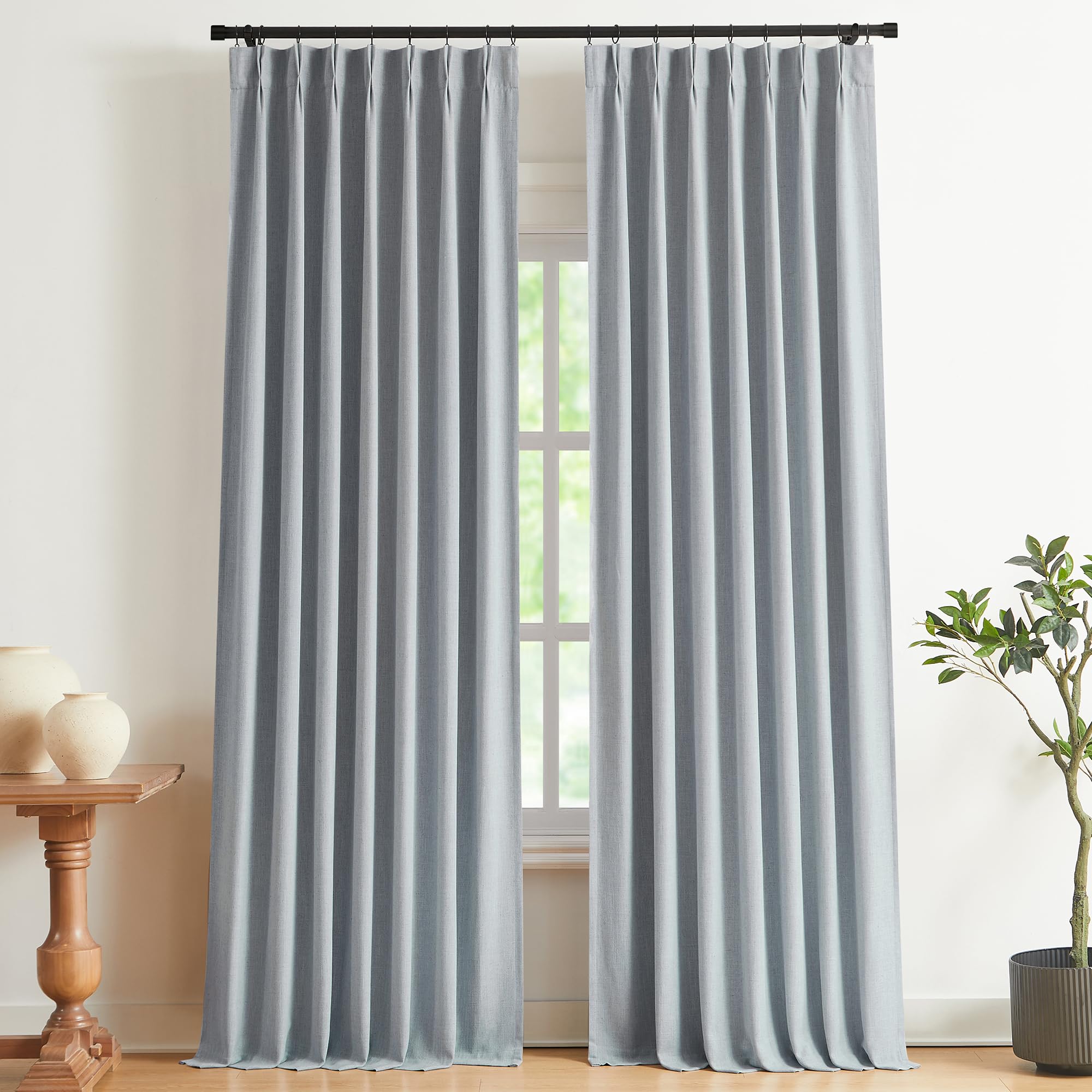 Vision Home Natural Pinch Pleated Full Blackout Curtains Linen Blended Room Darkening Window Curtains 90 inch for Living Room Bedroom Thermal Insulated Pinch Pleat Drapes with Hooks 2 Panel 40"Wx90"L