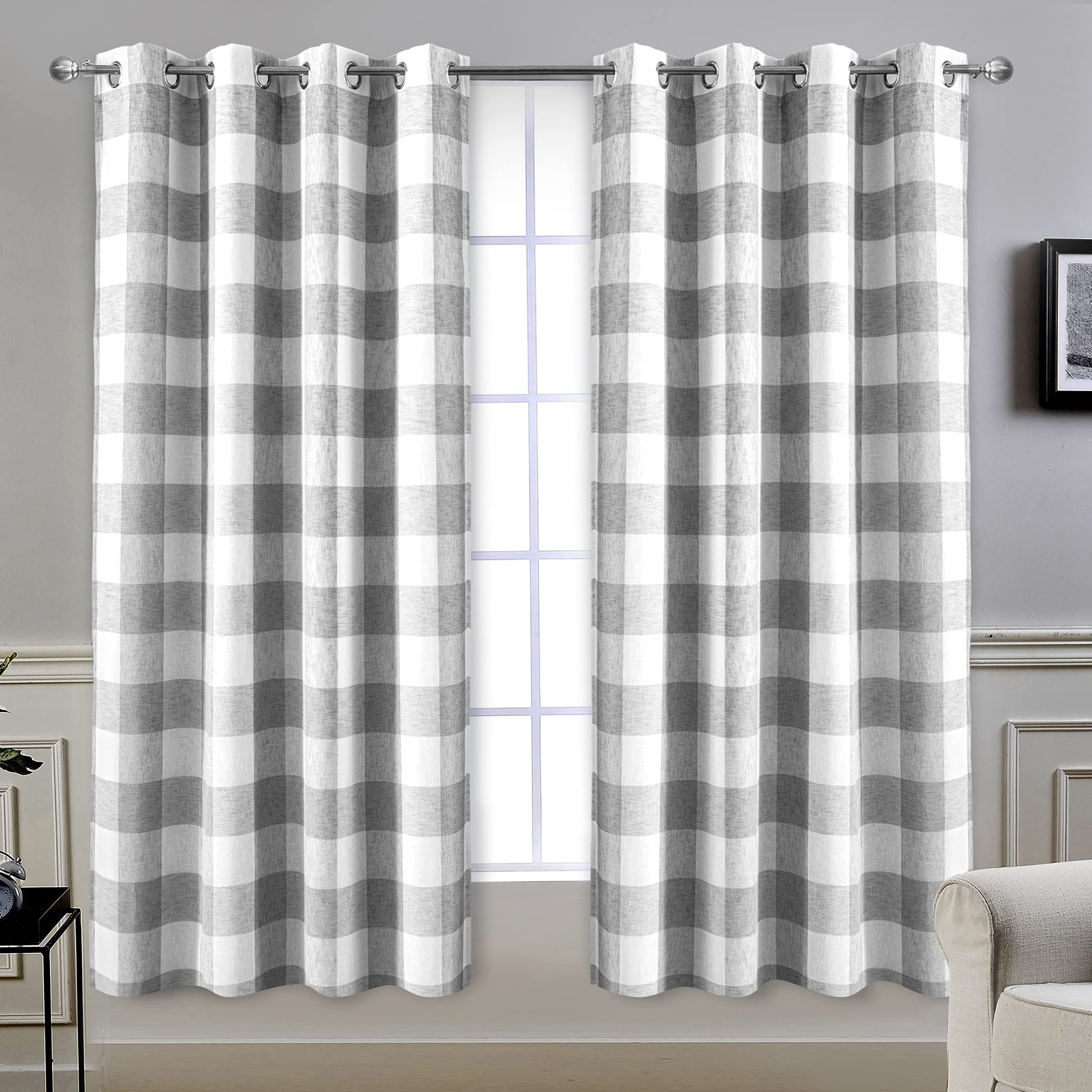 DriftAway Buffalo Plaid Blackout Curtains Linen Textured Farmhouse Double Layer Thermal Insulated Yarn Dyed Woven Checkered Gingham Grommet Drapes for Living Room 2 Panels Each 52W x 84L Taupe