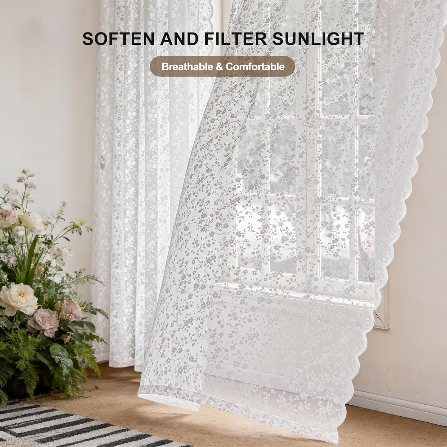 Anmao Vintage Lace Sheer Curtains 96 Inches Long - Romantic Floral Semi-Sheer Voile Panels for Living Room & Bedroom, Rod Pocket Light Filtering Drapes, Set of 2 Panels (52" W x 96" L), White