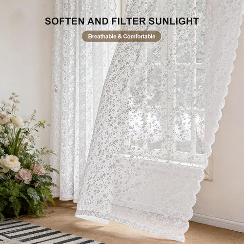Anmao Vintage Lace Sheer Curtains 96 Inches Long - Romantic Floral Semi-Sheer Voile Panels for Living Room & Bedroom, Rod Pocket Light Filtering Drapes, Set of 2 Panels (52" W x 96" L), White