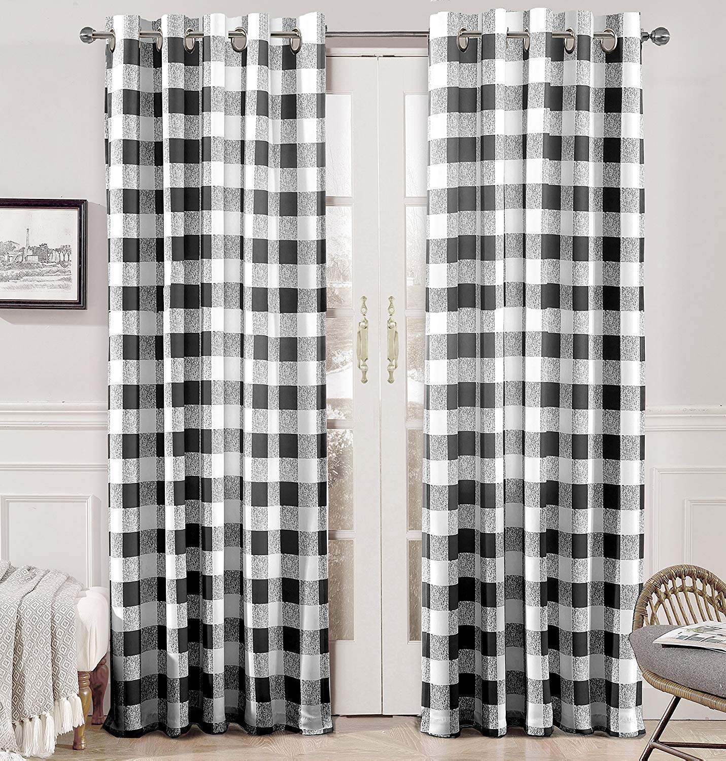 DriftAway Buffalo Plaid Blackout Curtains Linen Textured Farmhouse Double Layer Thermal Insulated Yarn Dyed Woven Checkered Gingham Grommet Drapes for Living Room 2 Panels Each 52W x 84L Taupe