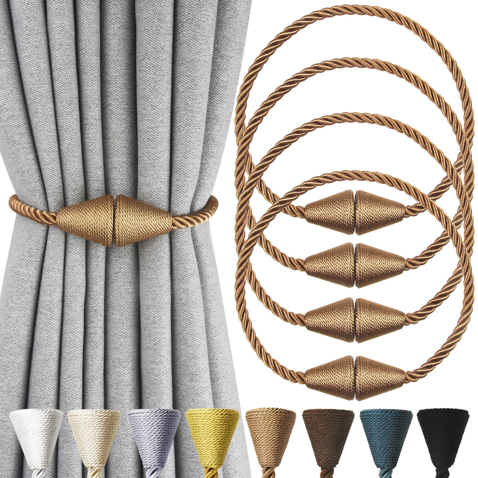2 Pack Magnetic Curtain Tiebacks Rope Modern Handmade Curtain Tie Backs Decorative Drapes Weave Holdbacks for Window Décor, Khaki