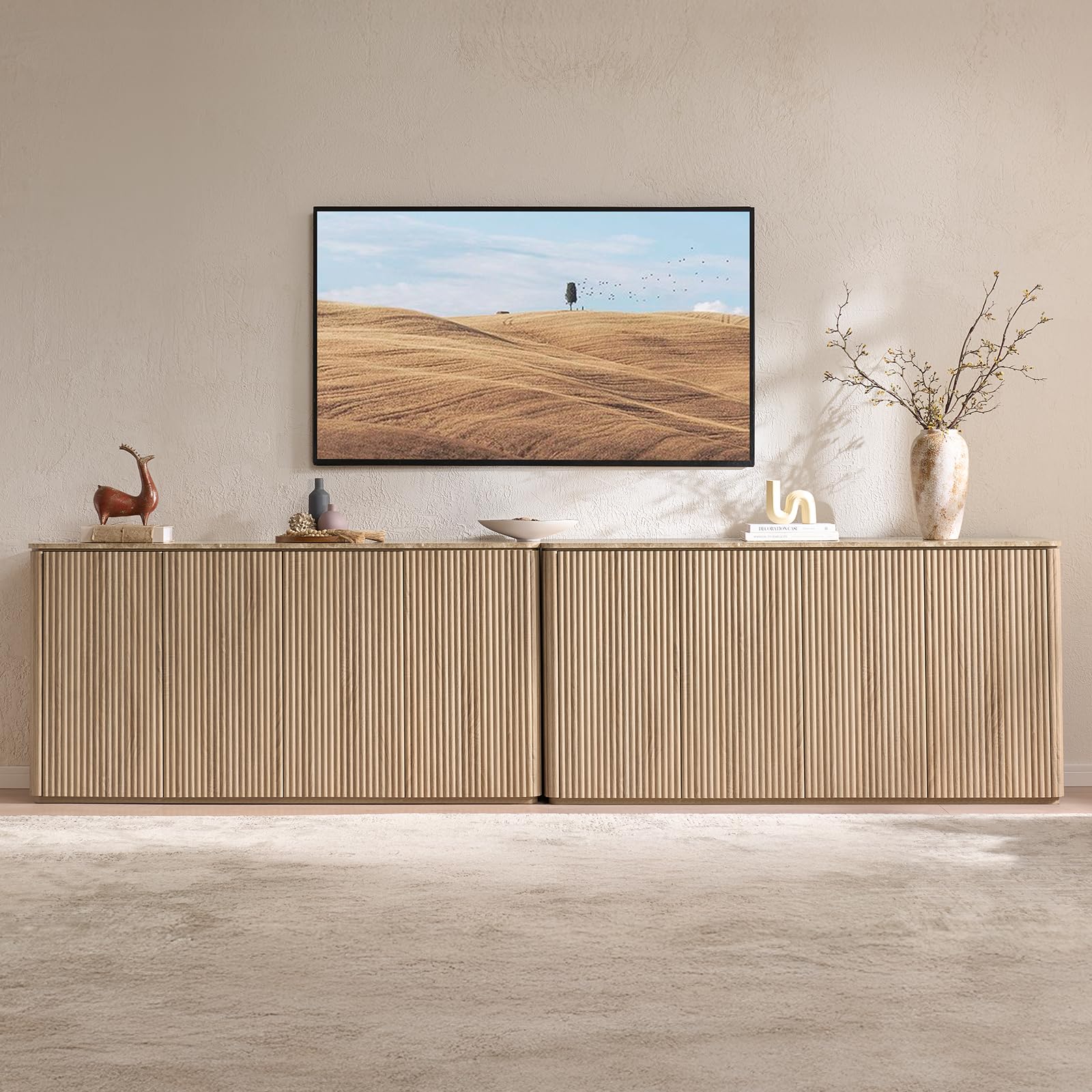 Fluted 4 Doors Sideboard Cabinet with Storage, 64" Wooden Credenza with Shelves, Faux Marble-Top Coffee Bar Console Table, Modern Buffet Cabinet for Dining, Kitchen, Living Room, Entryway, Dark Oak