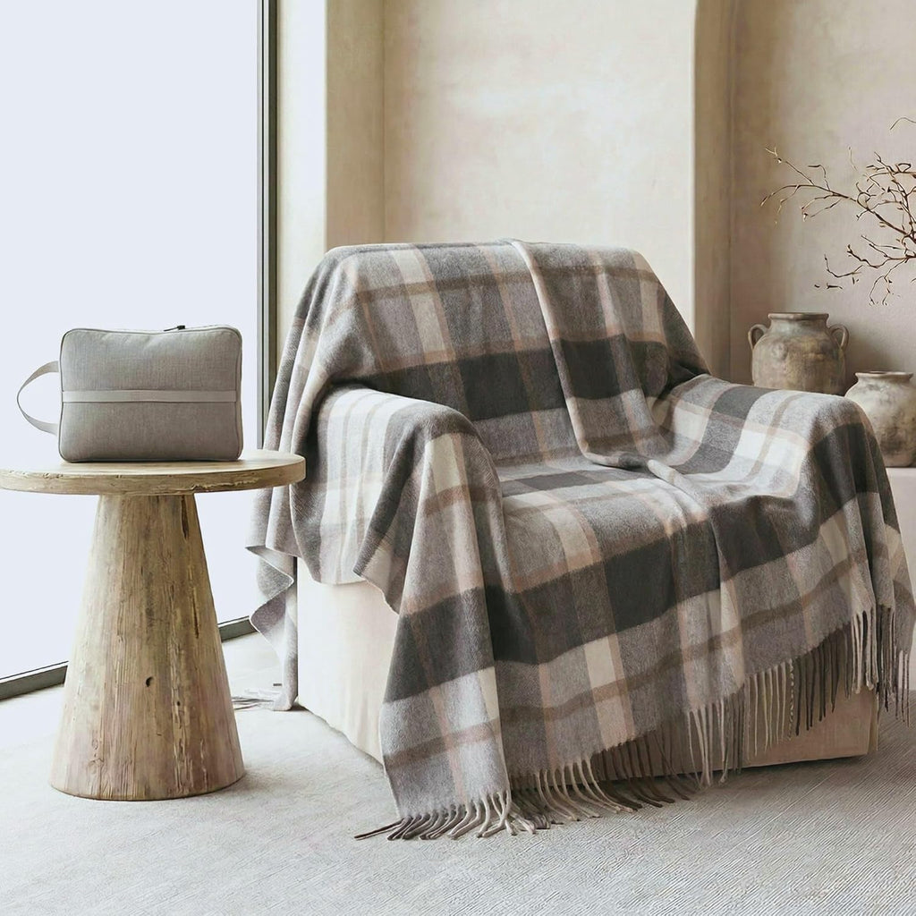 Soft Pure Wool Throw Blanket, Lightweight Warmth, 55"x83", Plaid, Fringe, Compact with Bag, Useful Gift for Women Men, All Season Decorative Cozy Travel Blanket for Couch Bed, Outdoors