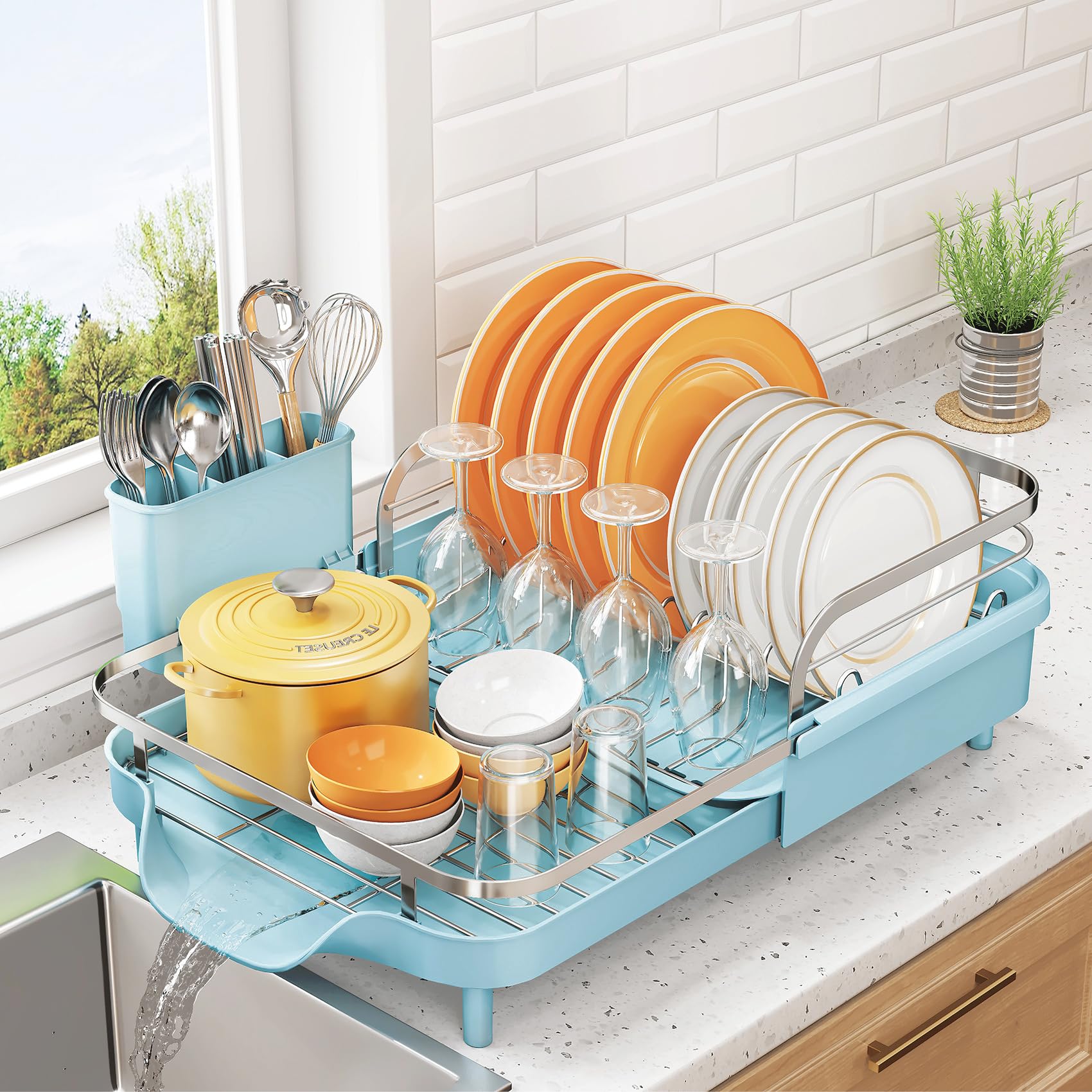 SNTD Dish Drying Rack, Expandable Dish Rack for Kitchen Counter, Stainless Steel Dish Drainer with Drainboard Set and Utensil Holder (Black)