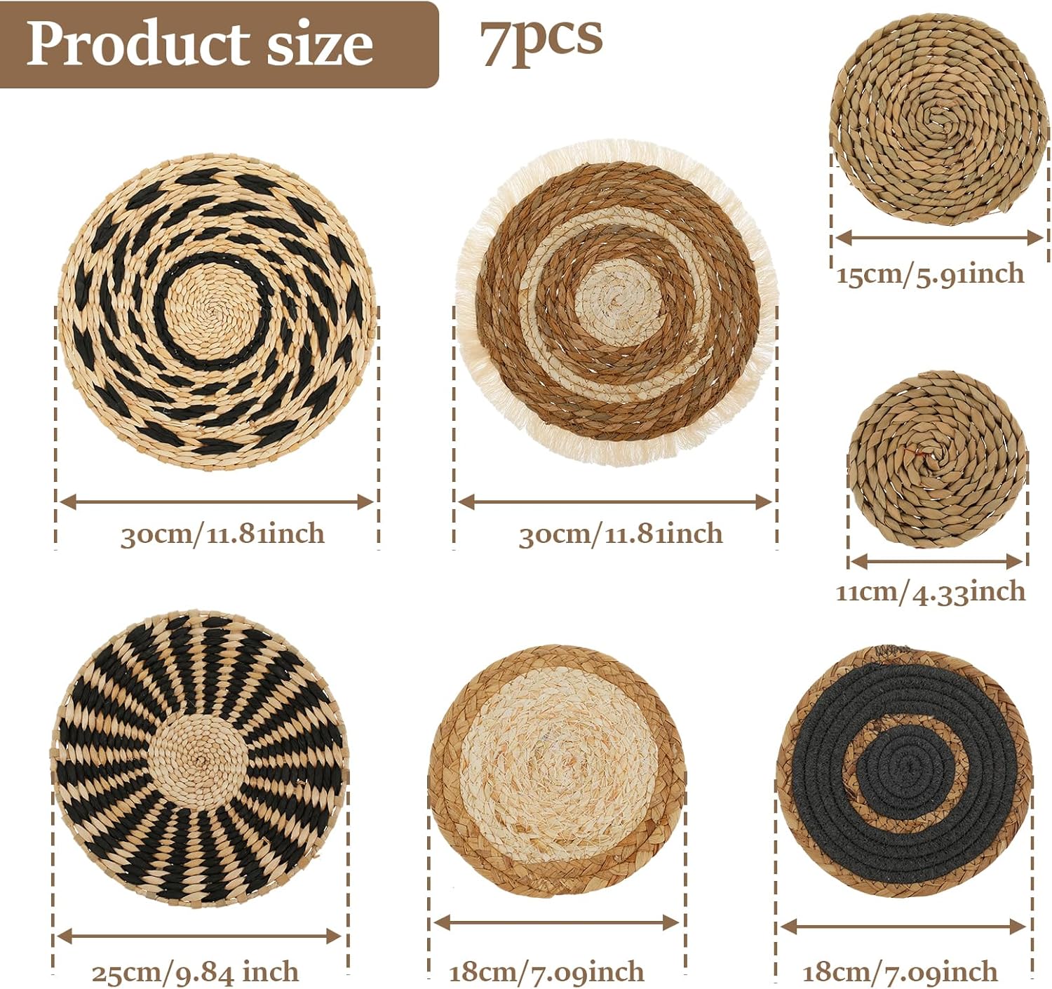 7 Pack Boho Wall Basket Decor,Seagrass Rattan Wicker Boho Wall Decor,Hanging Woven Wall Basket Decor,Round Flat Seagrass Baskets Wall Art, Round Wall Art for Farmhouse Bedroom Living Room Display