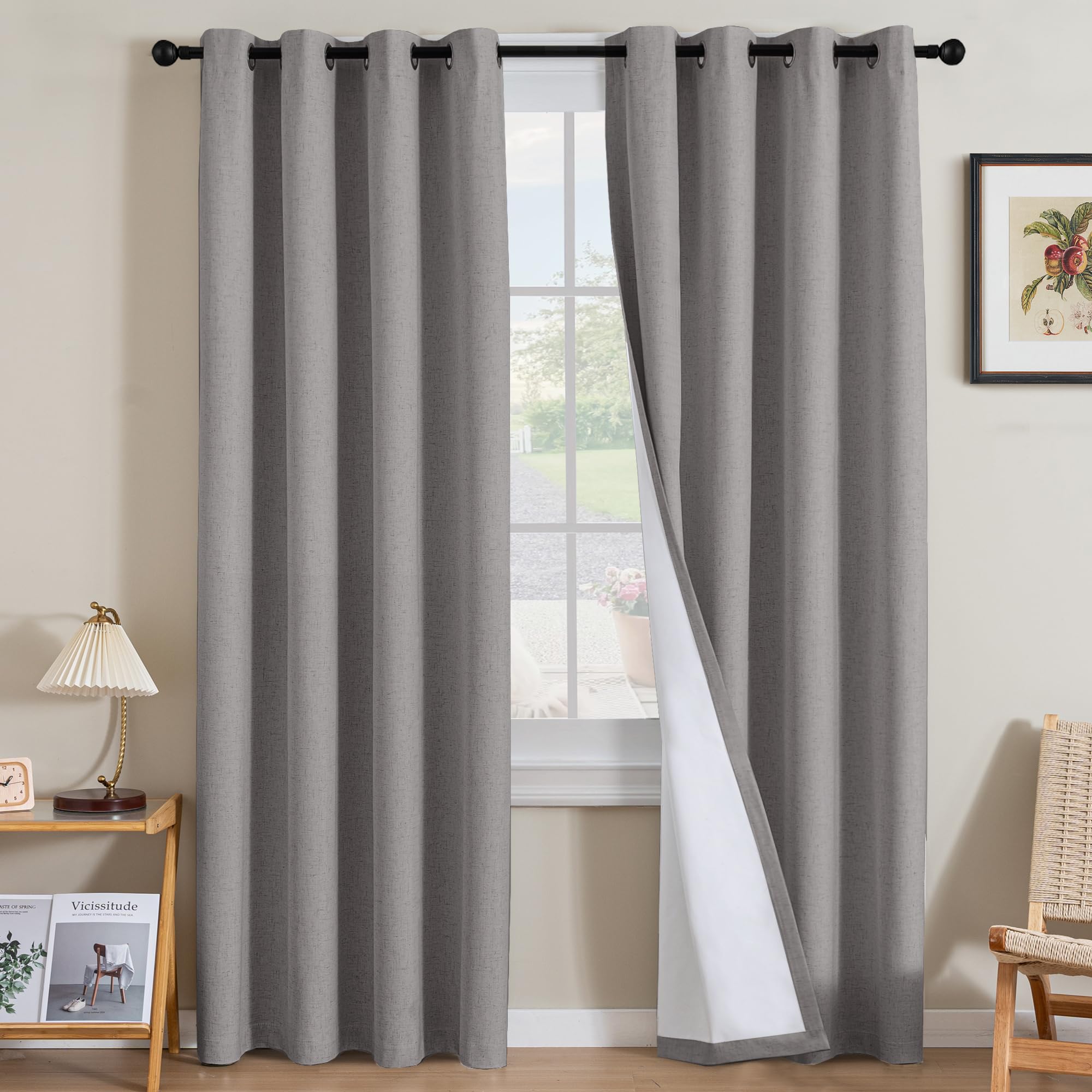 H.VERSAILTEX 100% Blackout Curtains Ivory, Linen Blackout Curtains 96 inch Curtains 2 Panel Set, Elegant Curtain for Bedroom Grommet Drapes for Living Room