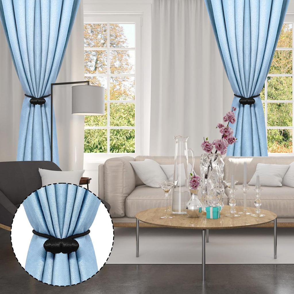Tifanso Black Magnetic Curtain Tiebacks - 4pcs Decorative Curtain Tie Backs, No Drill Closure Drapery Tiebacks Holdbacks, Boho Drapes Straps Ropes for Bedroom, Bathroom, Farmhouse Decor