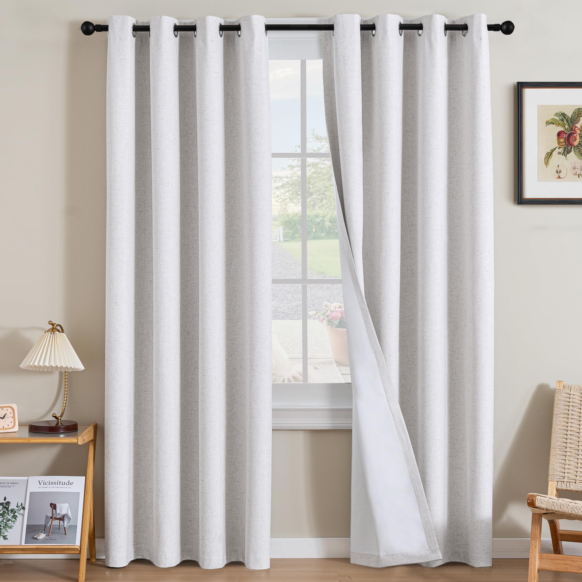 H.VERSAILTEX 100% Blackout Curtains Ivory, Linen Blackout Curtains 96 inch Curtains 2 Panel Set, Elegant Curtain for Bedroom Grommet Drapes for Living Room