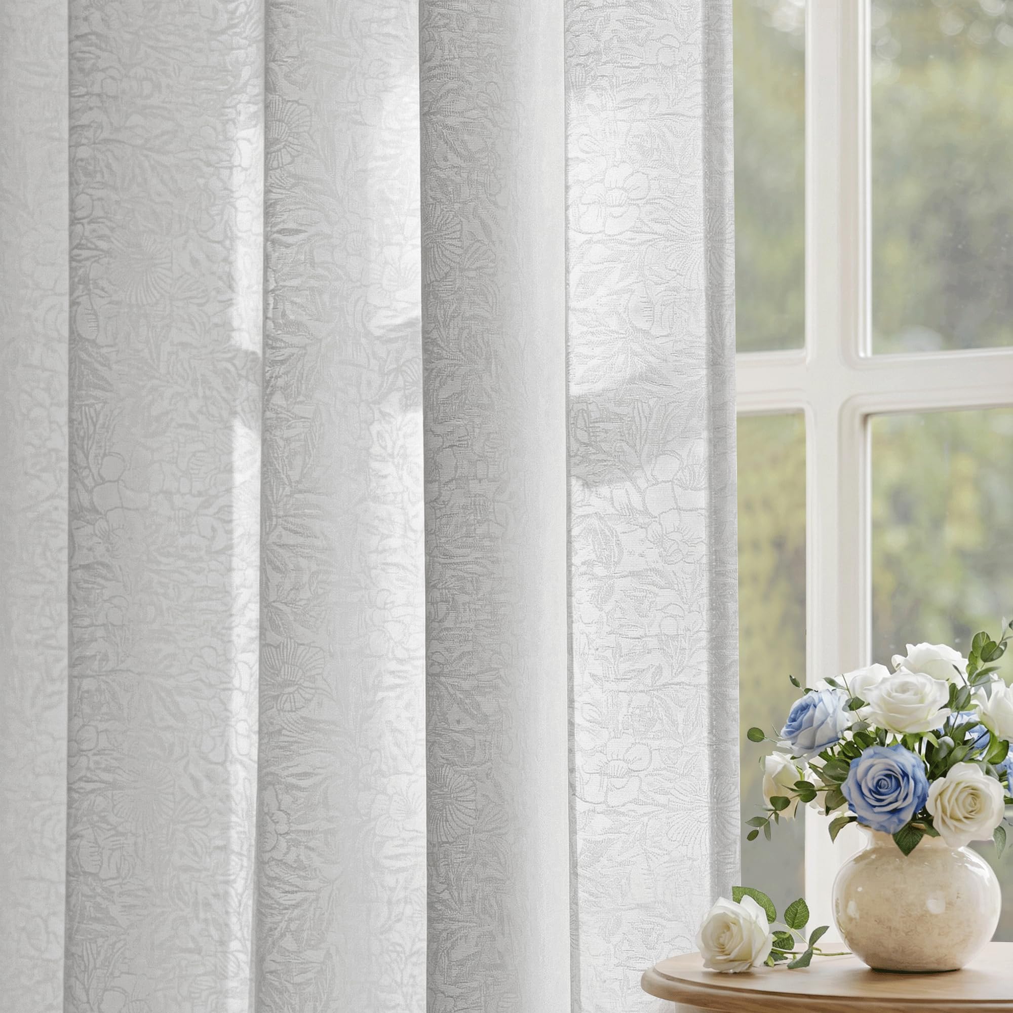 Beauoop Beige Semi Sheer Curtains 84 Inches Long for Living Room, Floral Jacquard Voile Light Filtering Privacy Curtains for Bedroom Dining Room Flower Textured Rod Pocket Window Drapes, 2 Panels