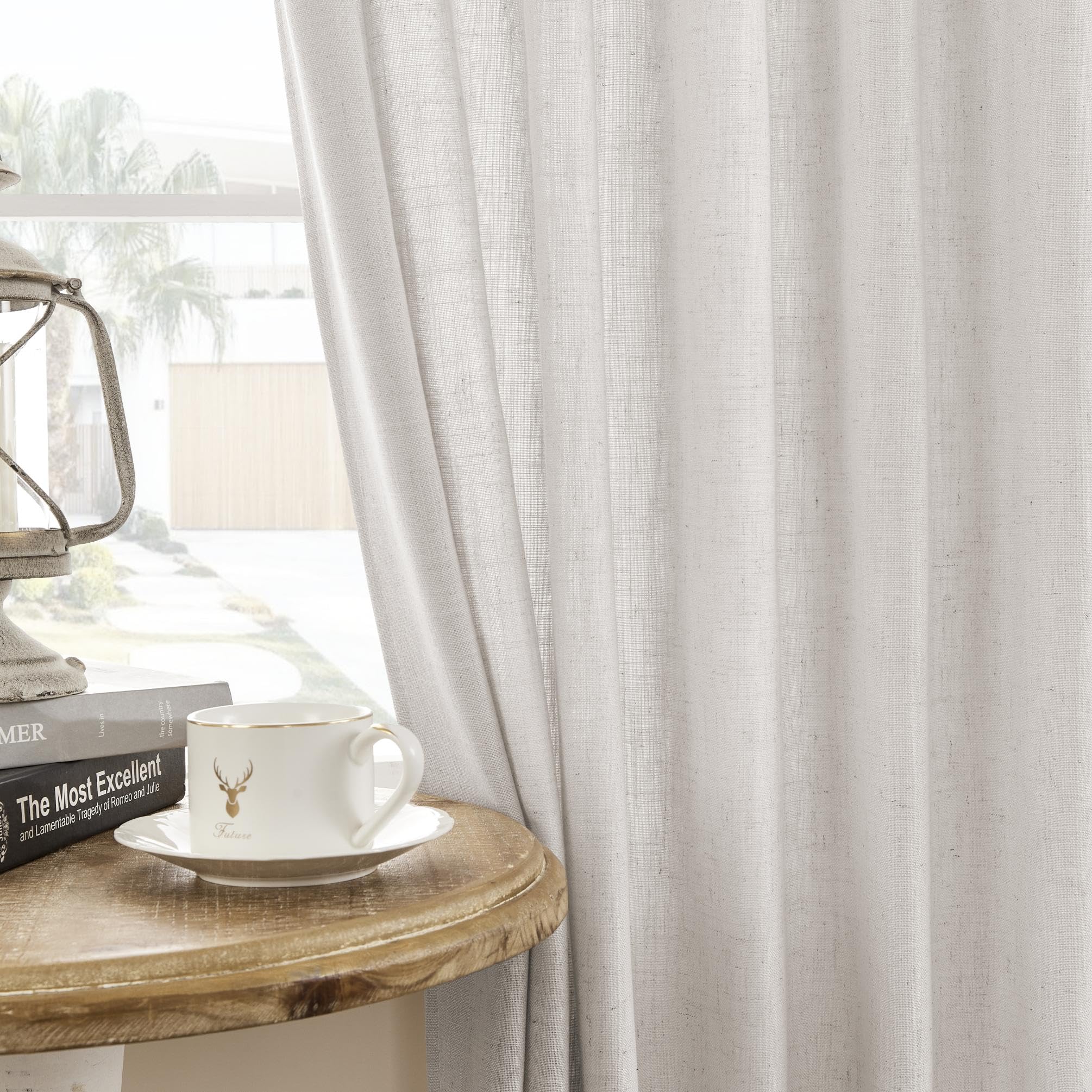 Joydeco Curtains, 108 Inches Long, 2 Panels Set, Farmhouse Drapes for Living Room, Semi-Blackout, Linen-Polyester, Ivory on Linen, Rod Pocket