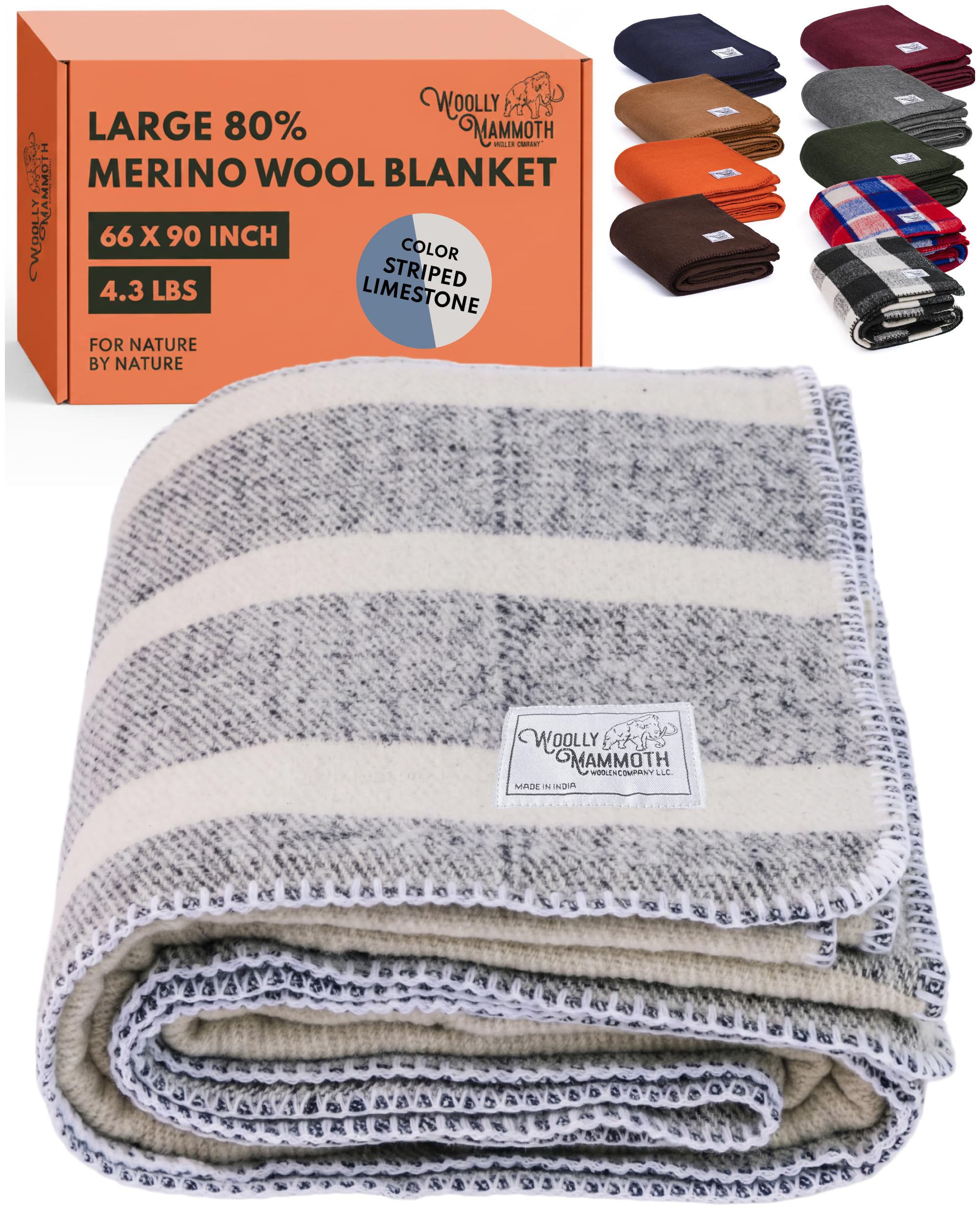 Woolly Mammoth Woolen Co. | Extra Large Merino Wool Camp Blanket | Perfect Outdoor Gear | Bedroll for Bushcraft, Camping, Trekking, Hiking, Survival, or Throw Blanket at the Cabin (Gray), 66" x 90"