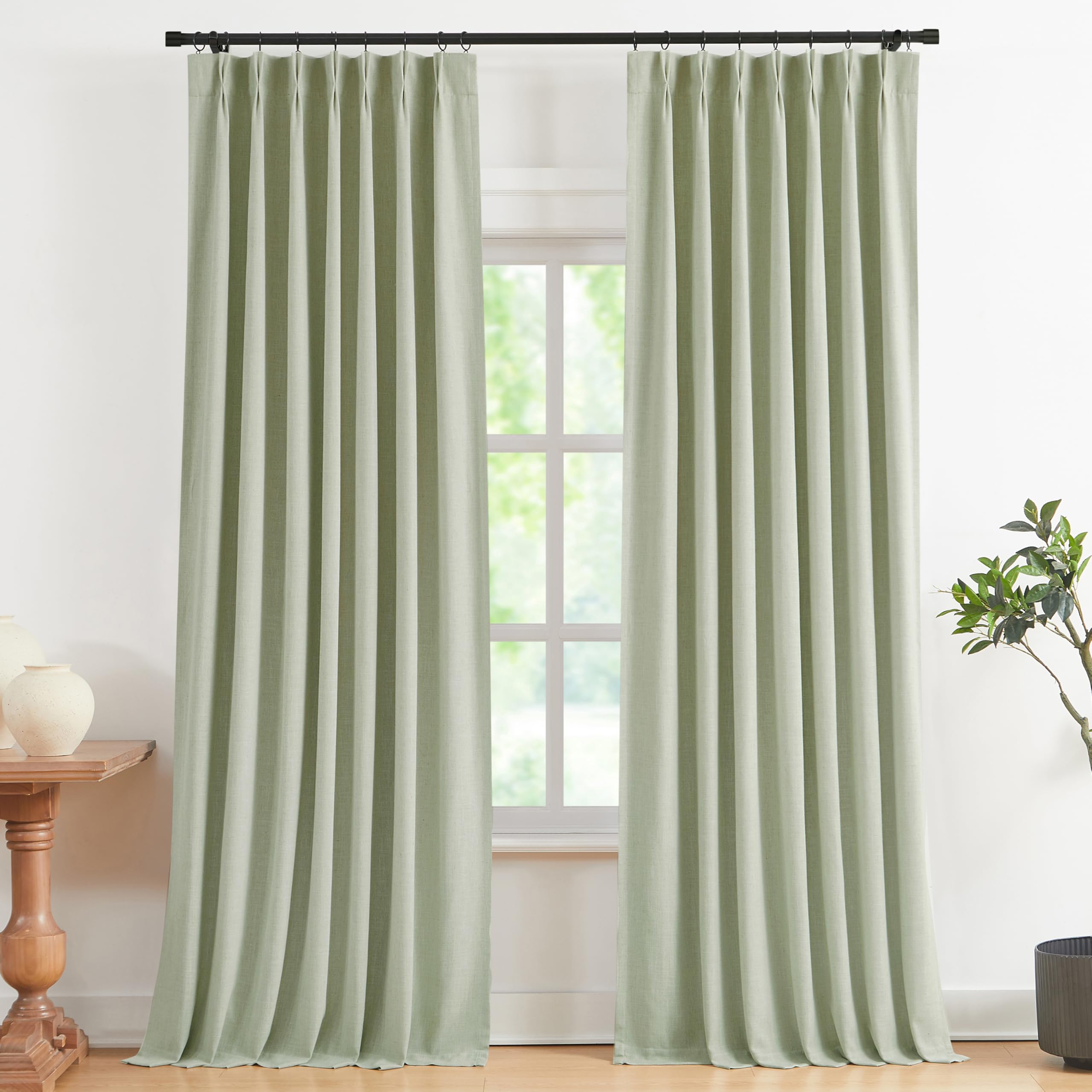 Vision Home Natural Pinch Pleated Full Blackout Curtains Linen Blended Room Darkening Window Curtains 90 inch for Living Room Bedroom Thermal Insulated Pinch Pleat Drapes with Hooks 2 Panel 40"Wx90"L