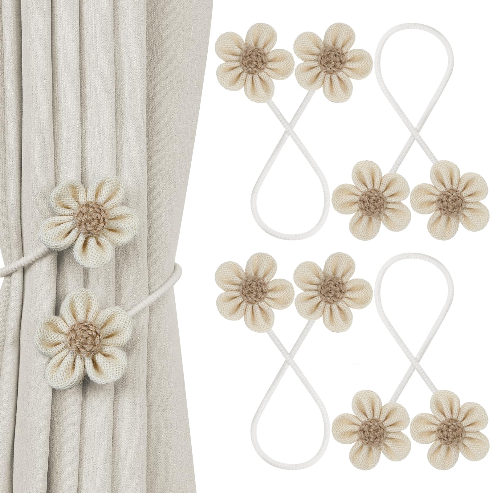 KLOGTSIND Flower Curtain Tiebacks, 2 Pack Boho Curtain Ties Elegant DIY Curtain Holdbacks, Decorative Window Drape Twist Tie Backs for Bedroom Decor, Nursery Decor, Farmhouse Decor