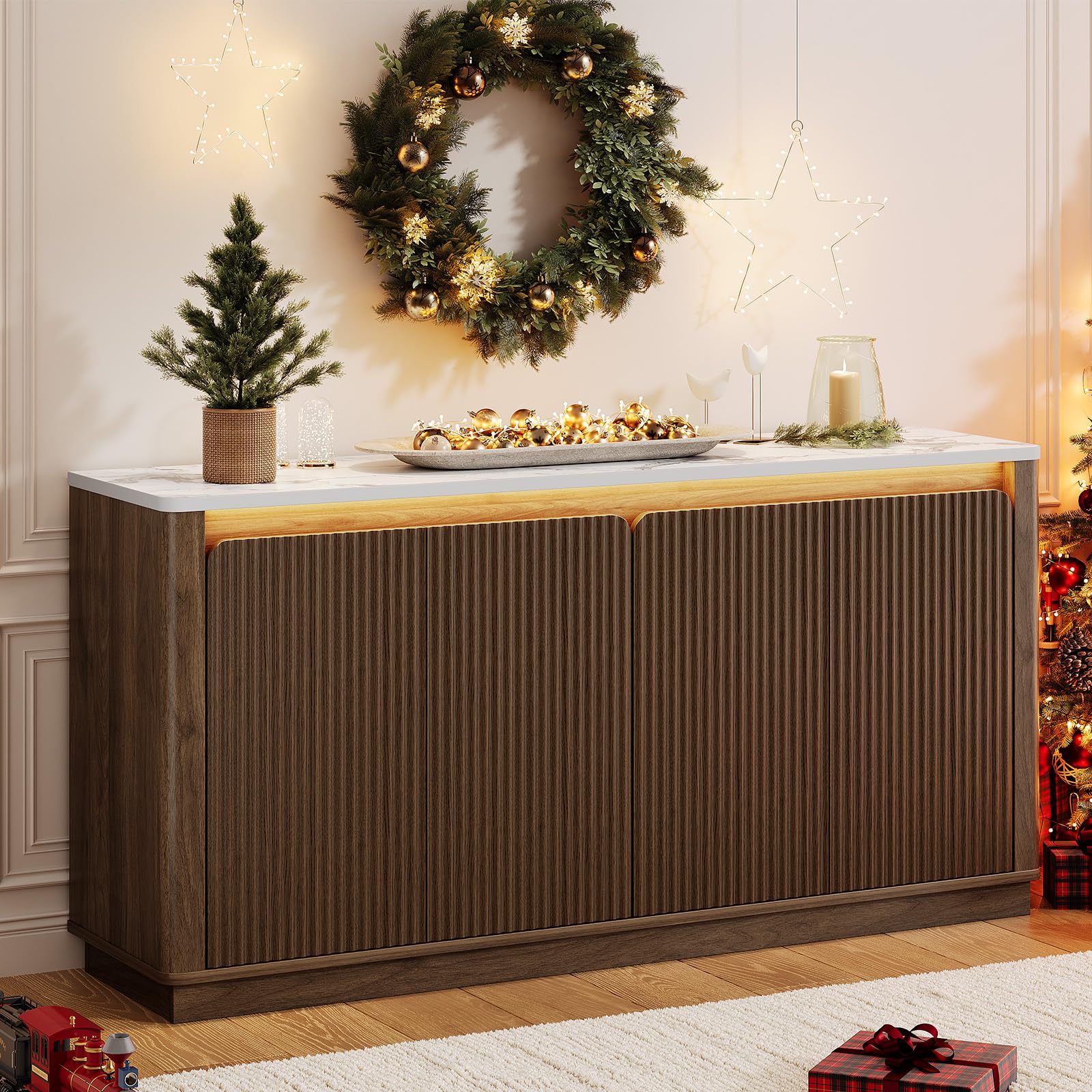 ONBRILL 61" Fluted Buffet Cabinet with Faux Marble Top and LED Light, Curved Sideboard Cabinet with Storage, Coffee Bar with 4 Doors and 2 Adjustable Shelves for Living Room, Kitchen, Entryway (Black)