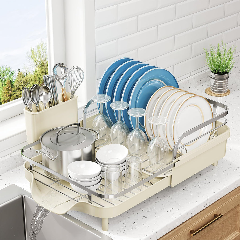 SNTD Dish Drying Rack, Expandable Dish Rack for Kitchen Counter, Stainless Steel Dish Drainer with Drainboard Set and Utensil Holder (Black)